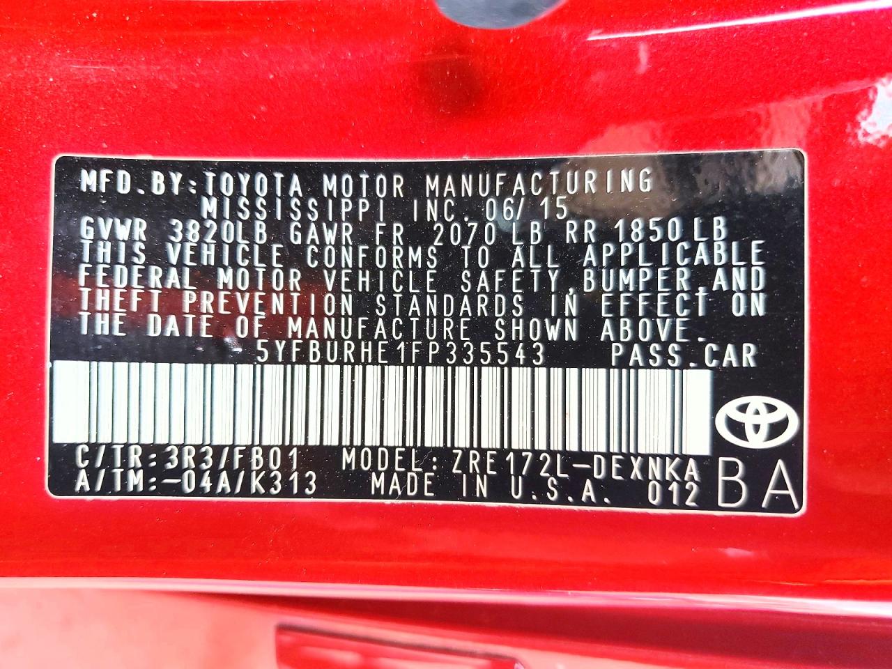 2015 Toyota Corolla Le Plus Red vin: 5YFBURHE1FP335543