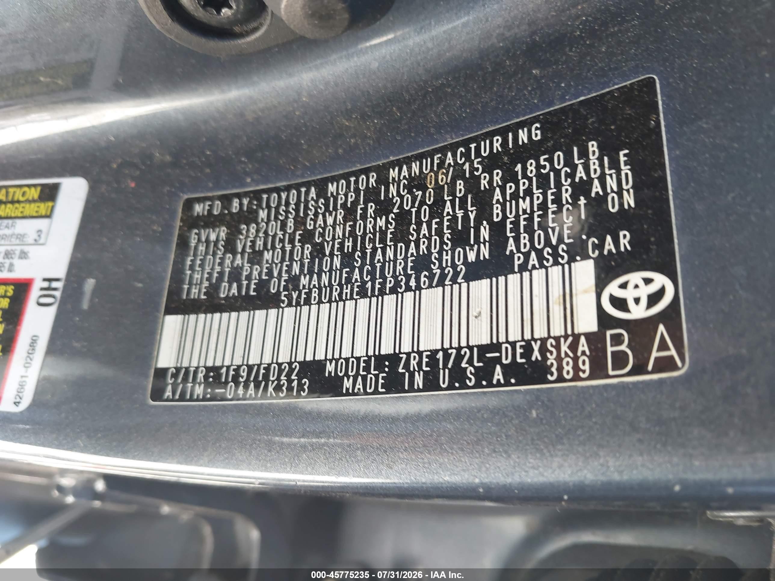 2015 Toyota Corolla S Plus Серый vin: 5YFBURHE1FP346722