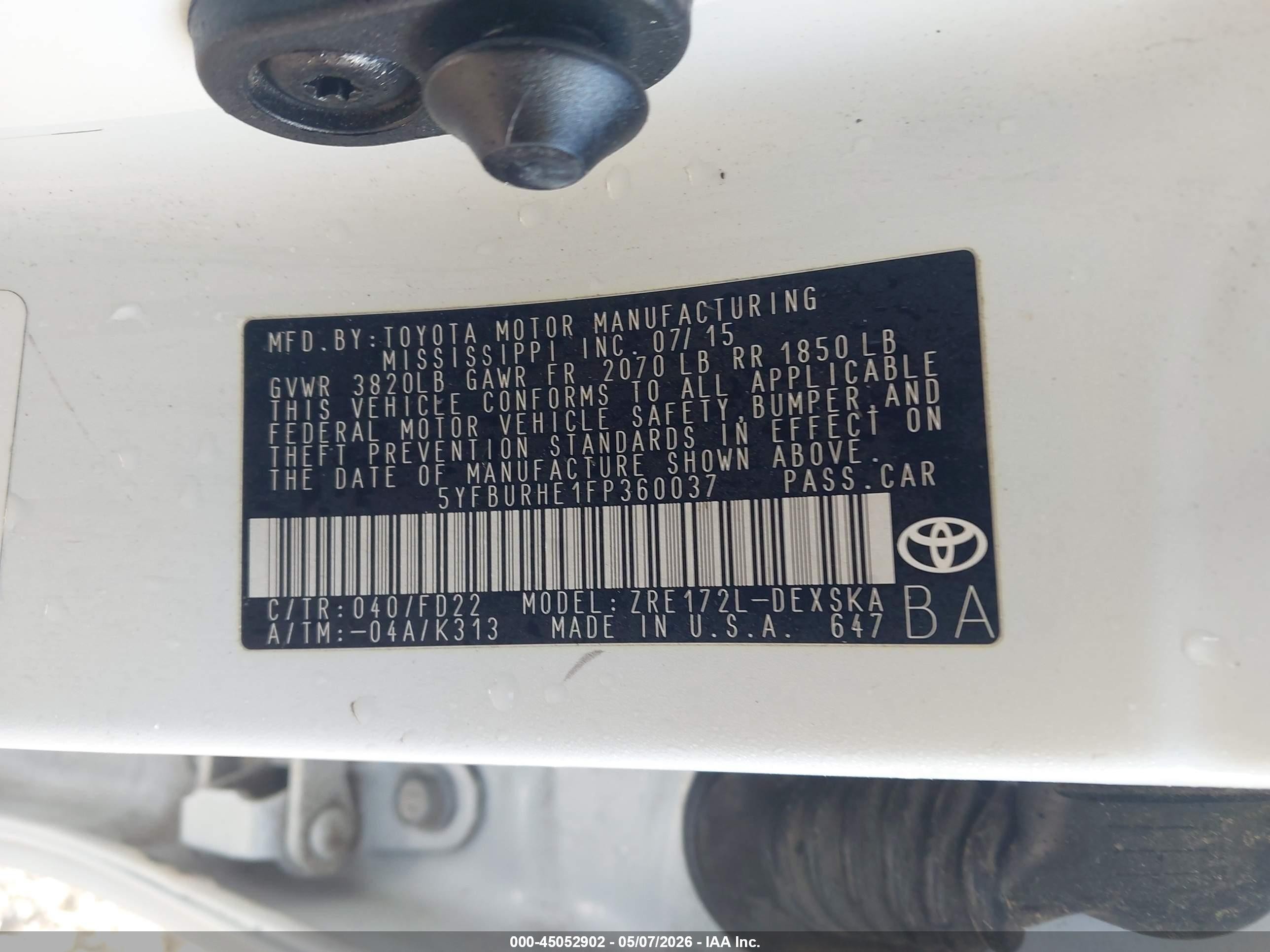 2015 Toyota Corolla S Plus Белый vin: 5YFBURHE1FP360037