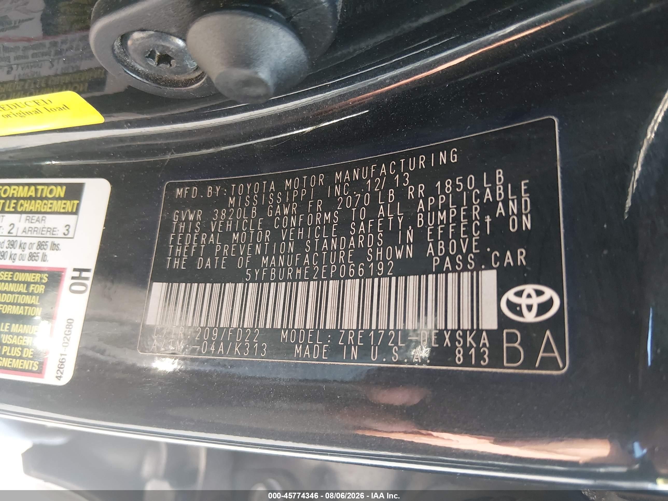 2014 Toyota Corolla S Plus Black vin: 5YFBURHE2EP066192