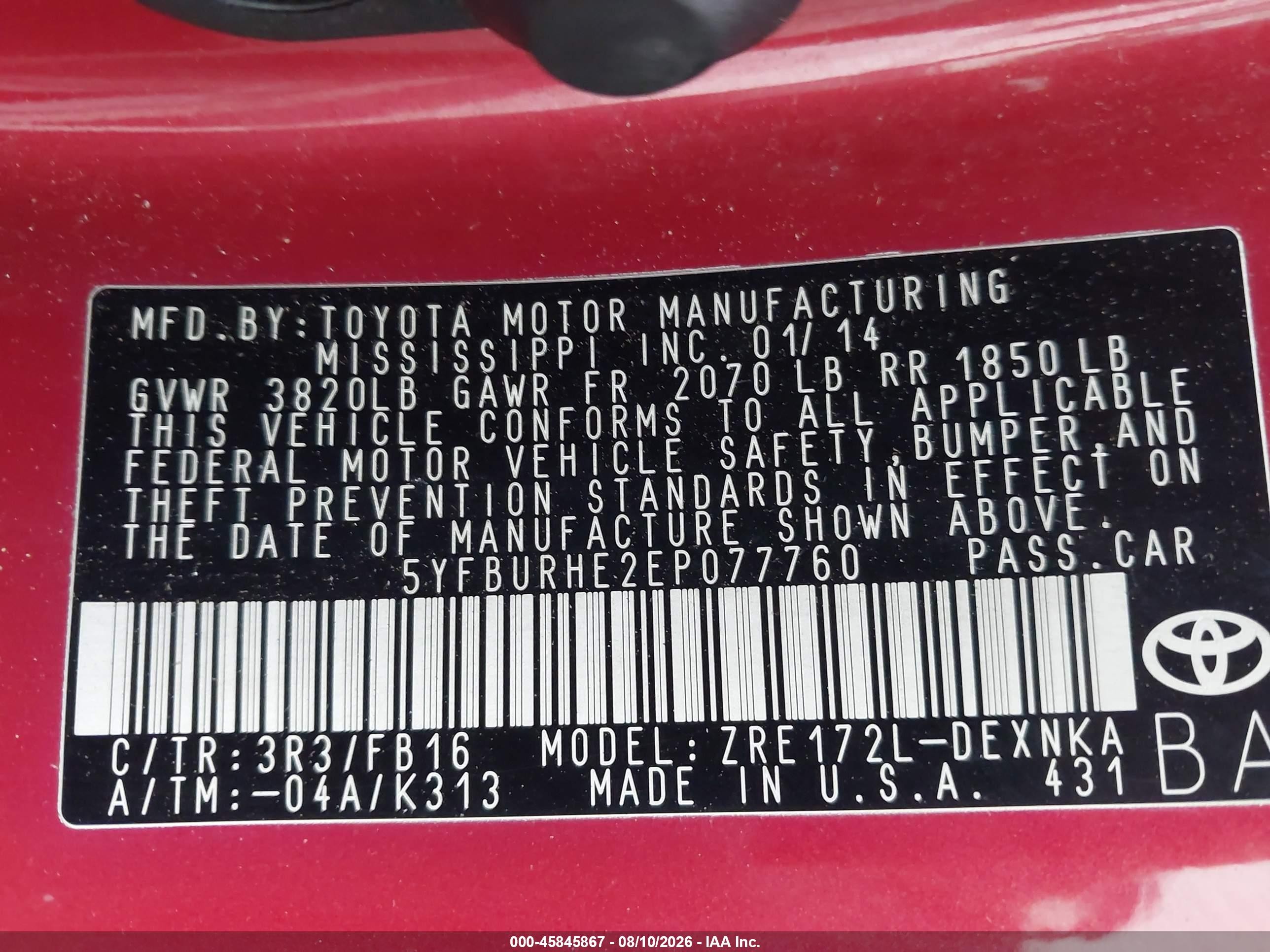 2014 Toyota Corolla Le Red vin: 5YFBURHE2EP077760
