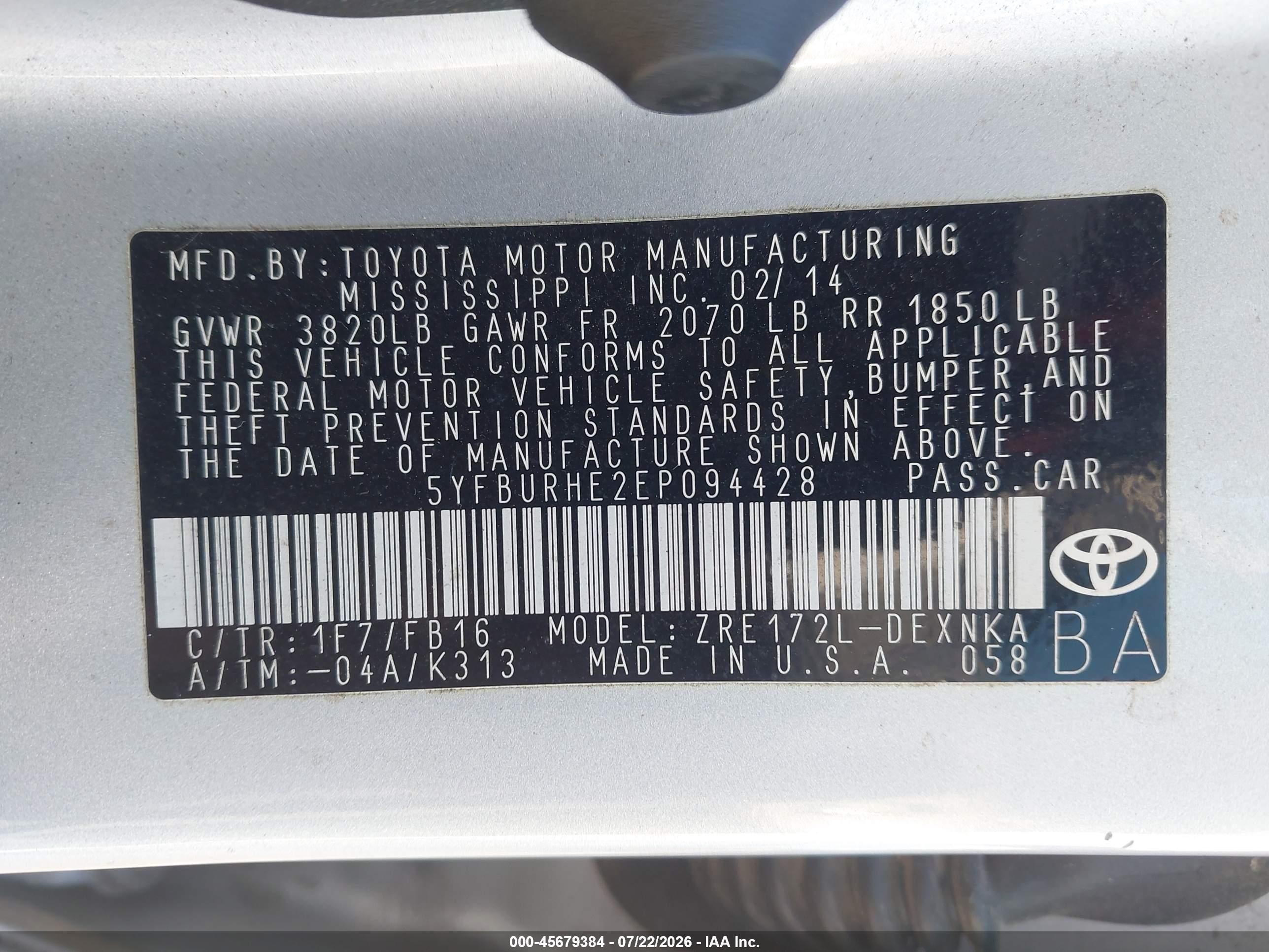 2014 Toyota Corolla Le Серебряный vin: 5YFBURHE2EP094428