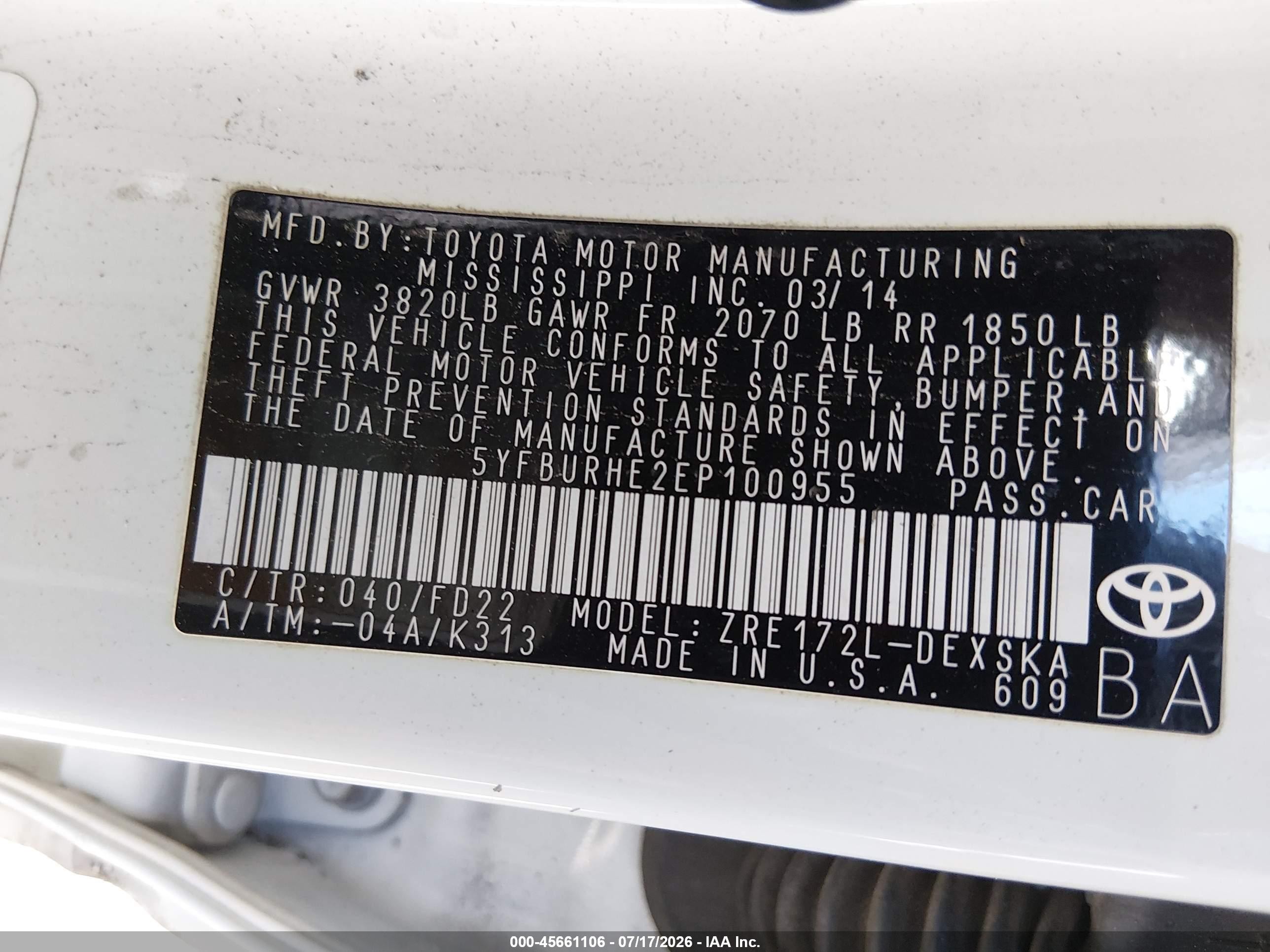 2014 Toyota Corolla S White vin: 5YFBURHE2EP100955