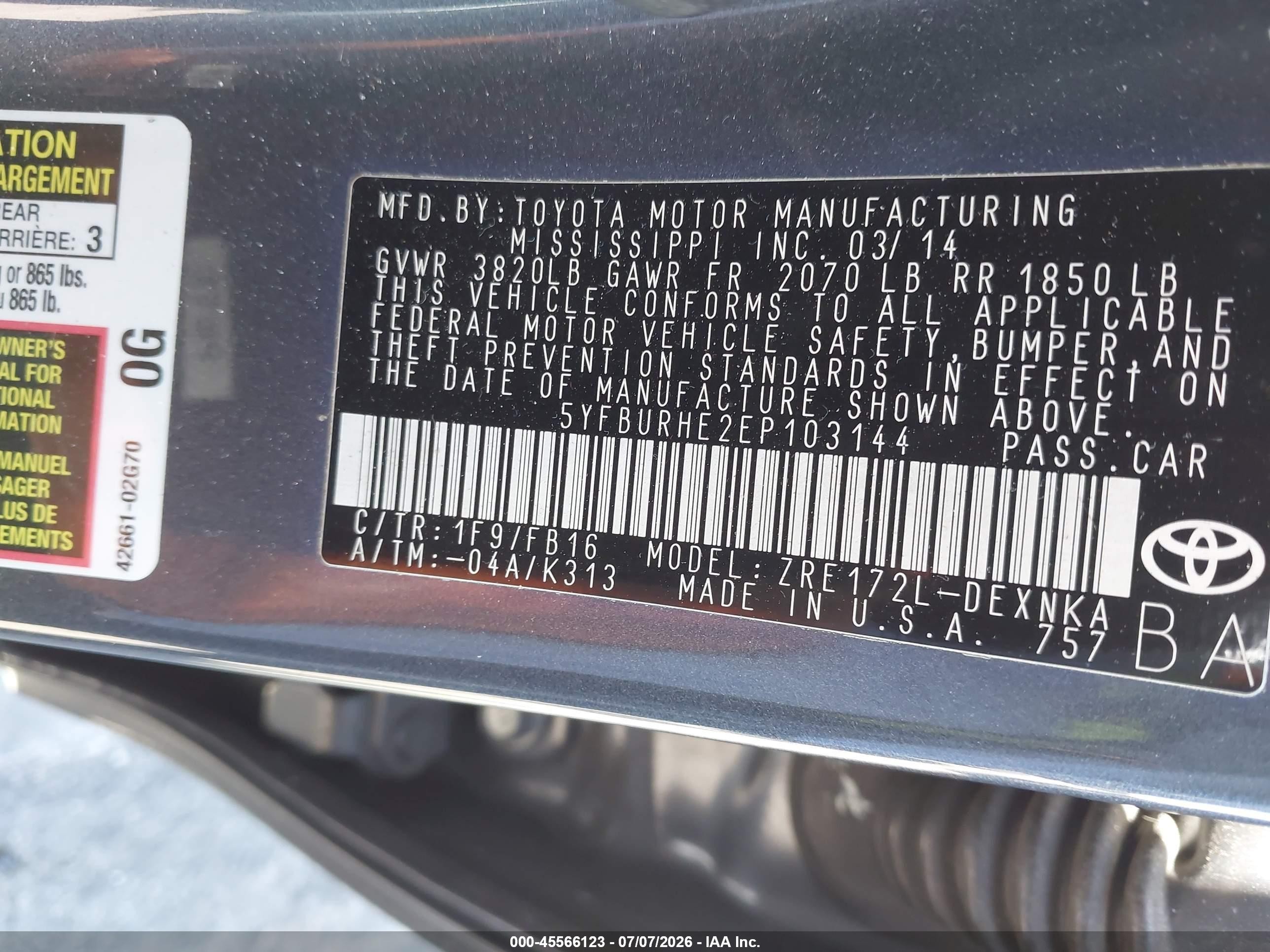 2014 Toyota Corolla Le Plus Gray vin: 5YFBURHE2EP103144