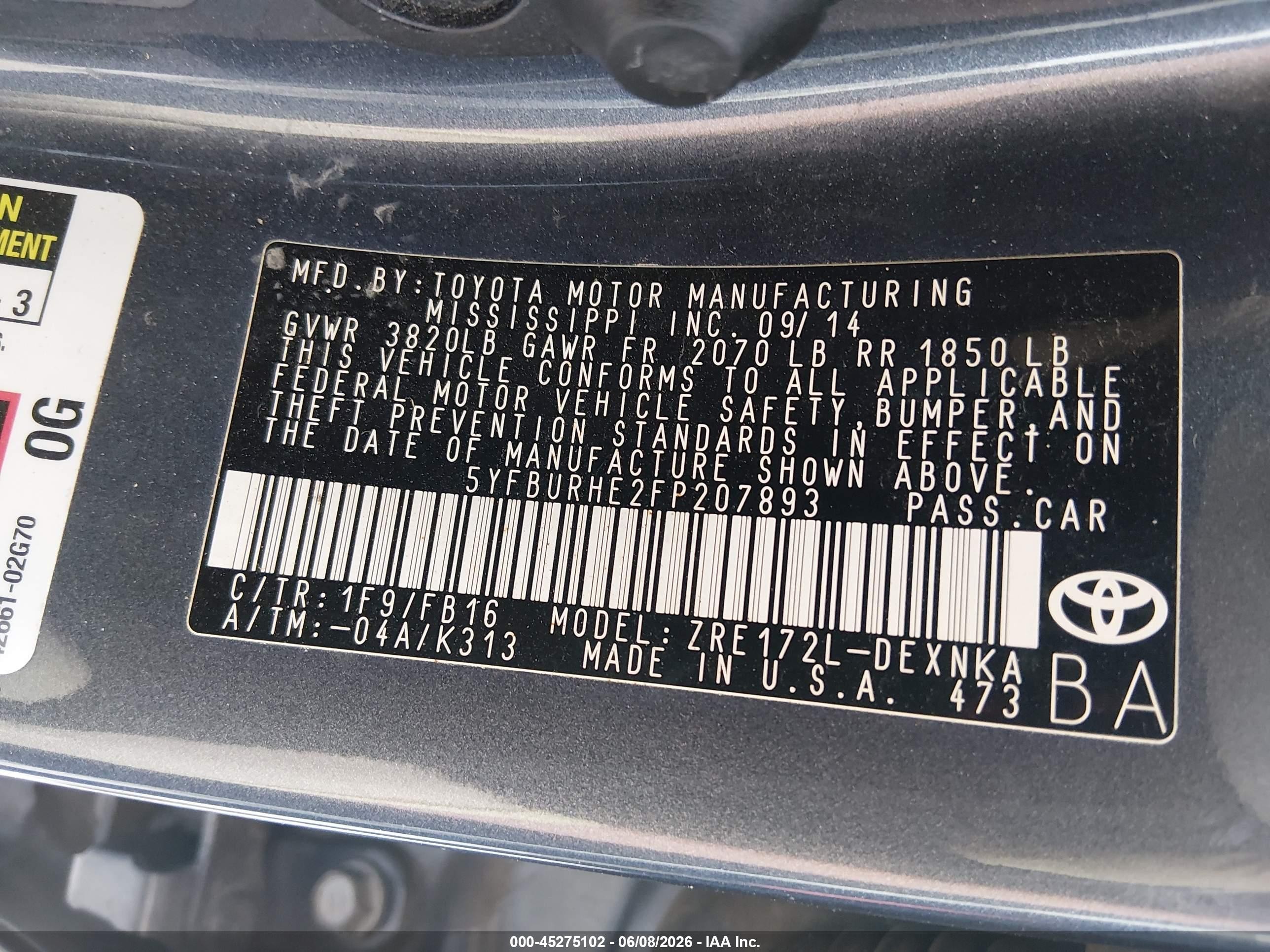 2015 Toyota Corolla Le Plus Gray vin: 5YFBURHE2FP207893