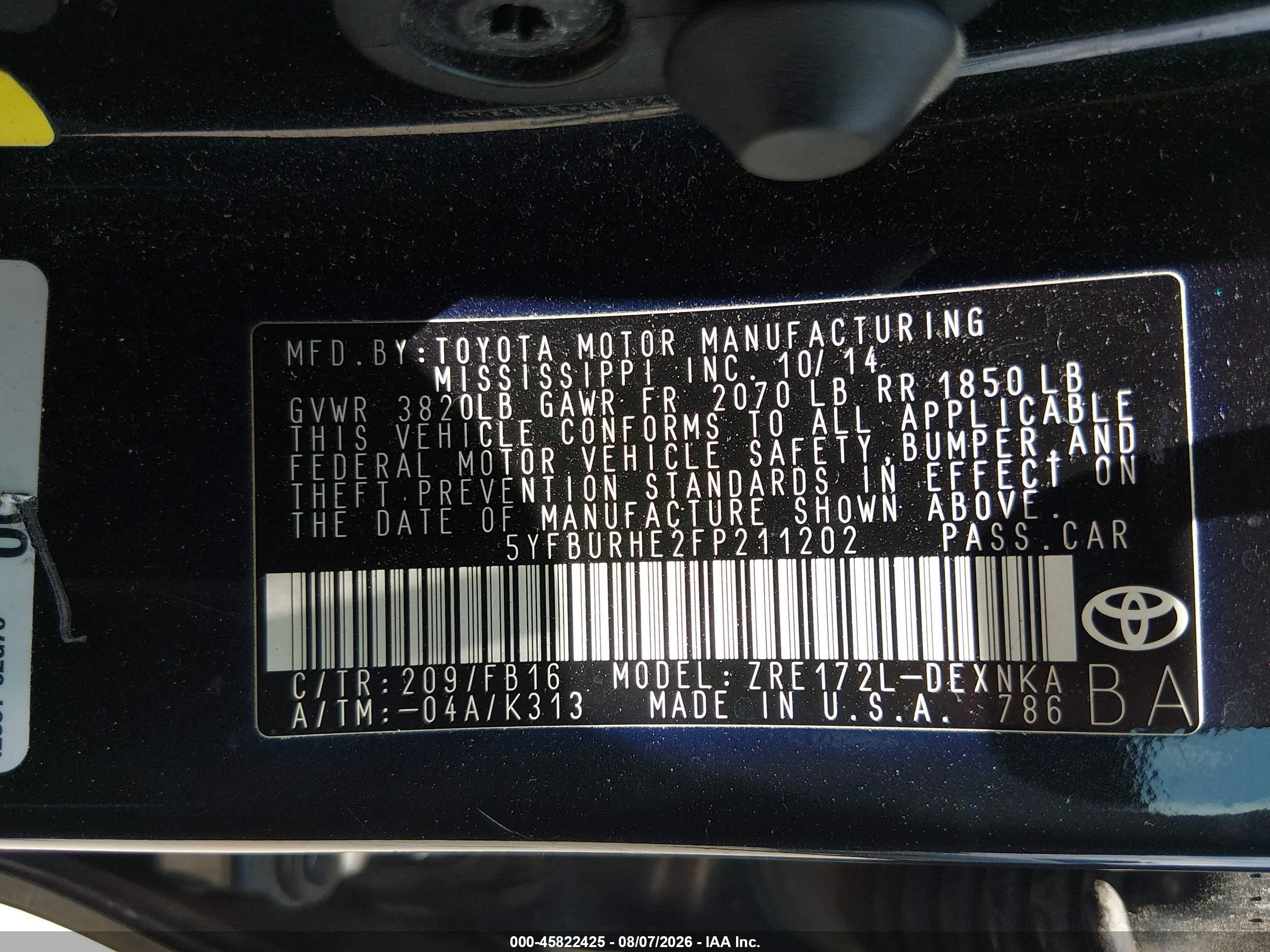 2015 Toyota Corolla Le Black vin: 5YFBURHE2FP211202