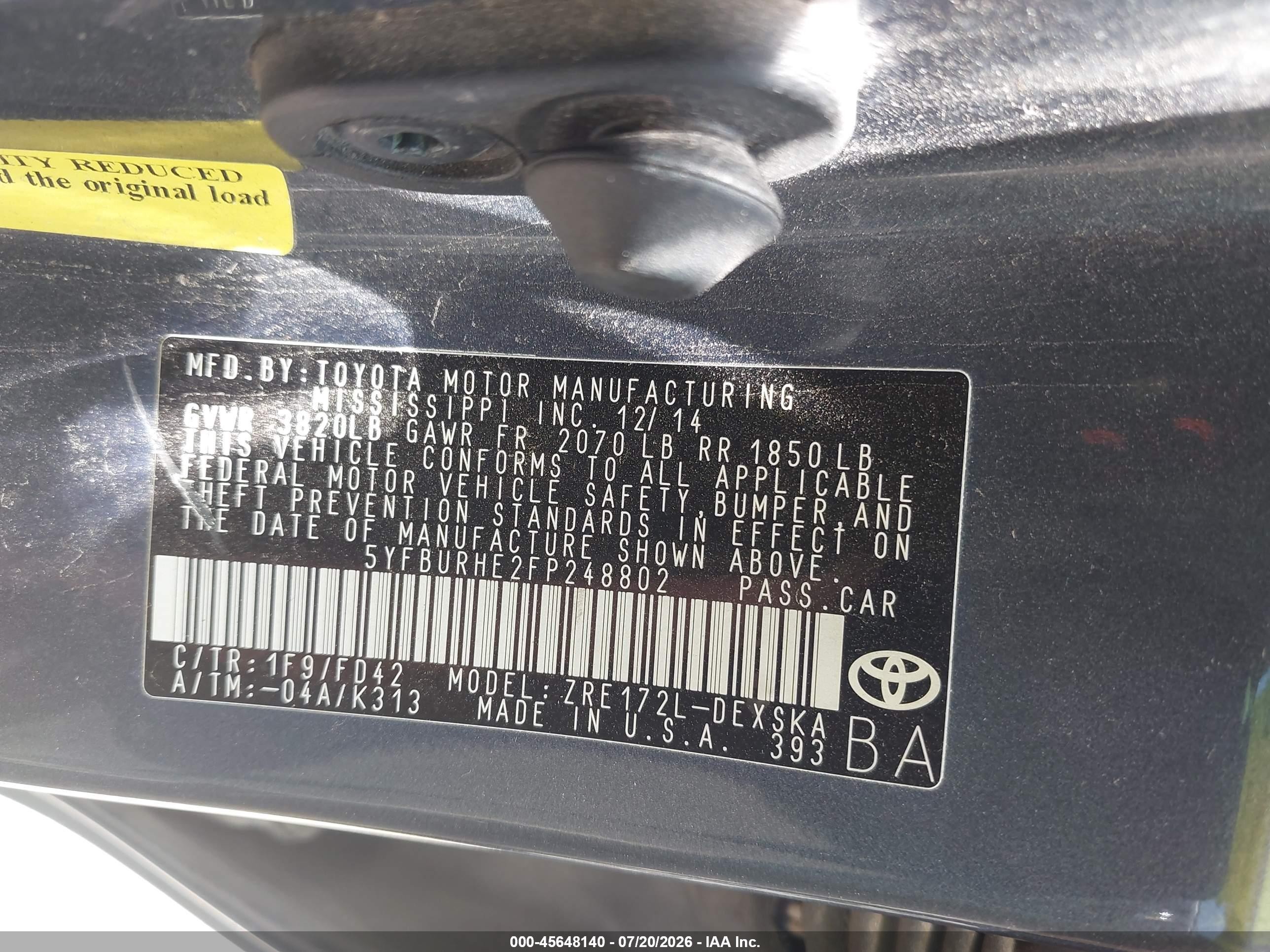 2015 Toyota Corolla S Plus Dark Blue vin: 5YFBURHE2FP248802