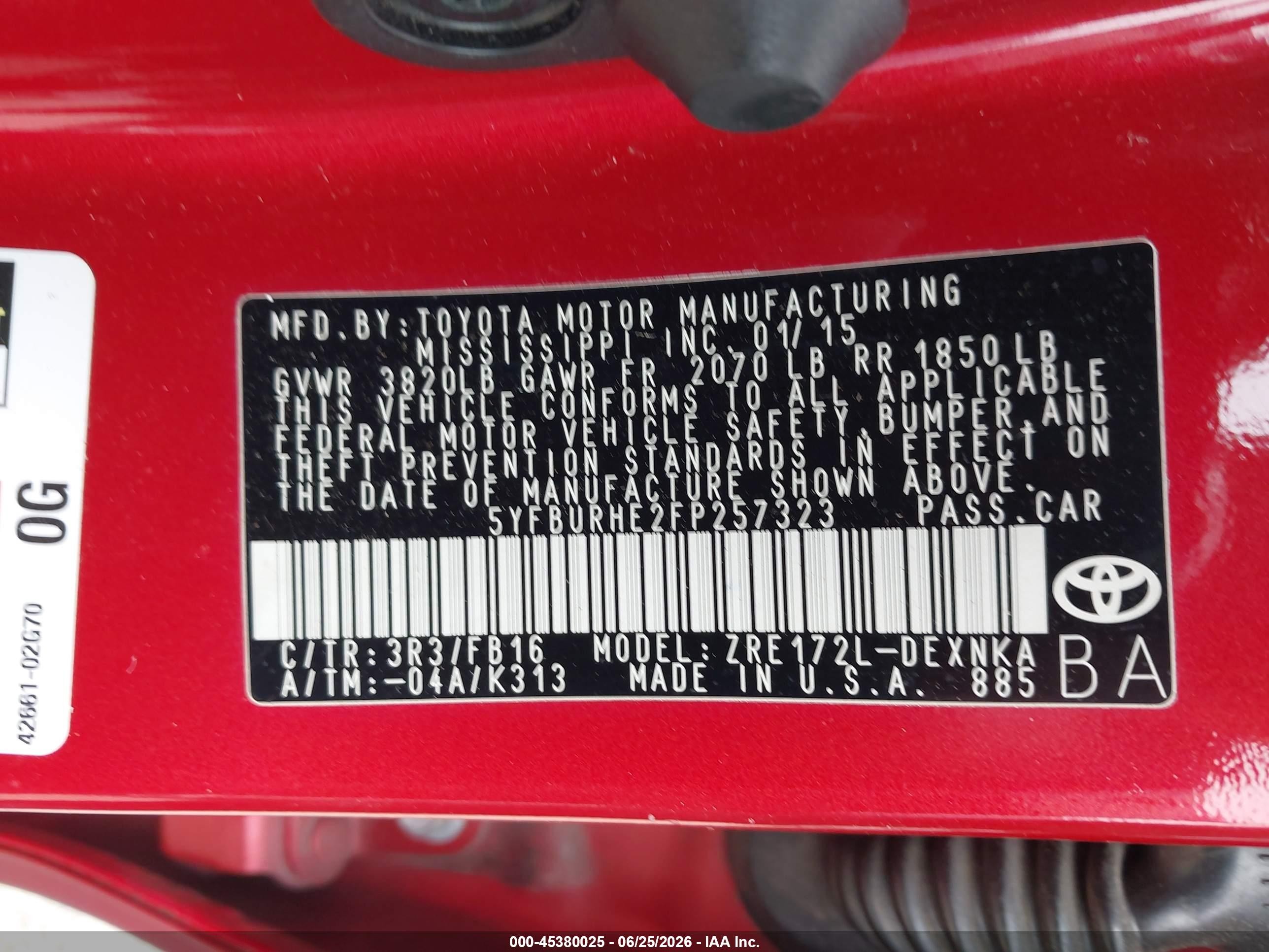 2015 Toyota Corolla Le Red vin: 5YFBURHE2FP257323