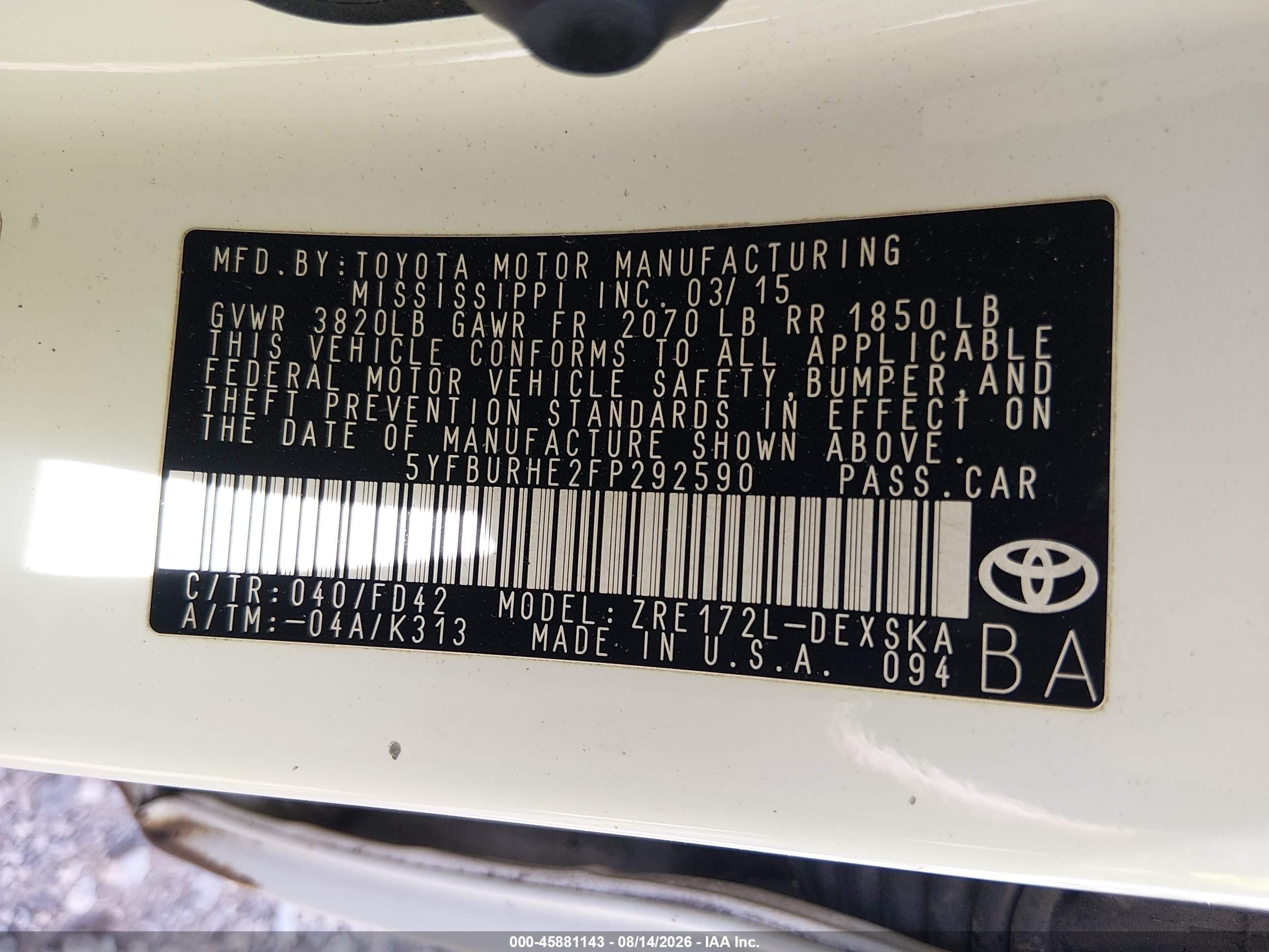 2015 Toyota Corolla S Plus White vin: 5YFBURHE2FP292590