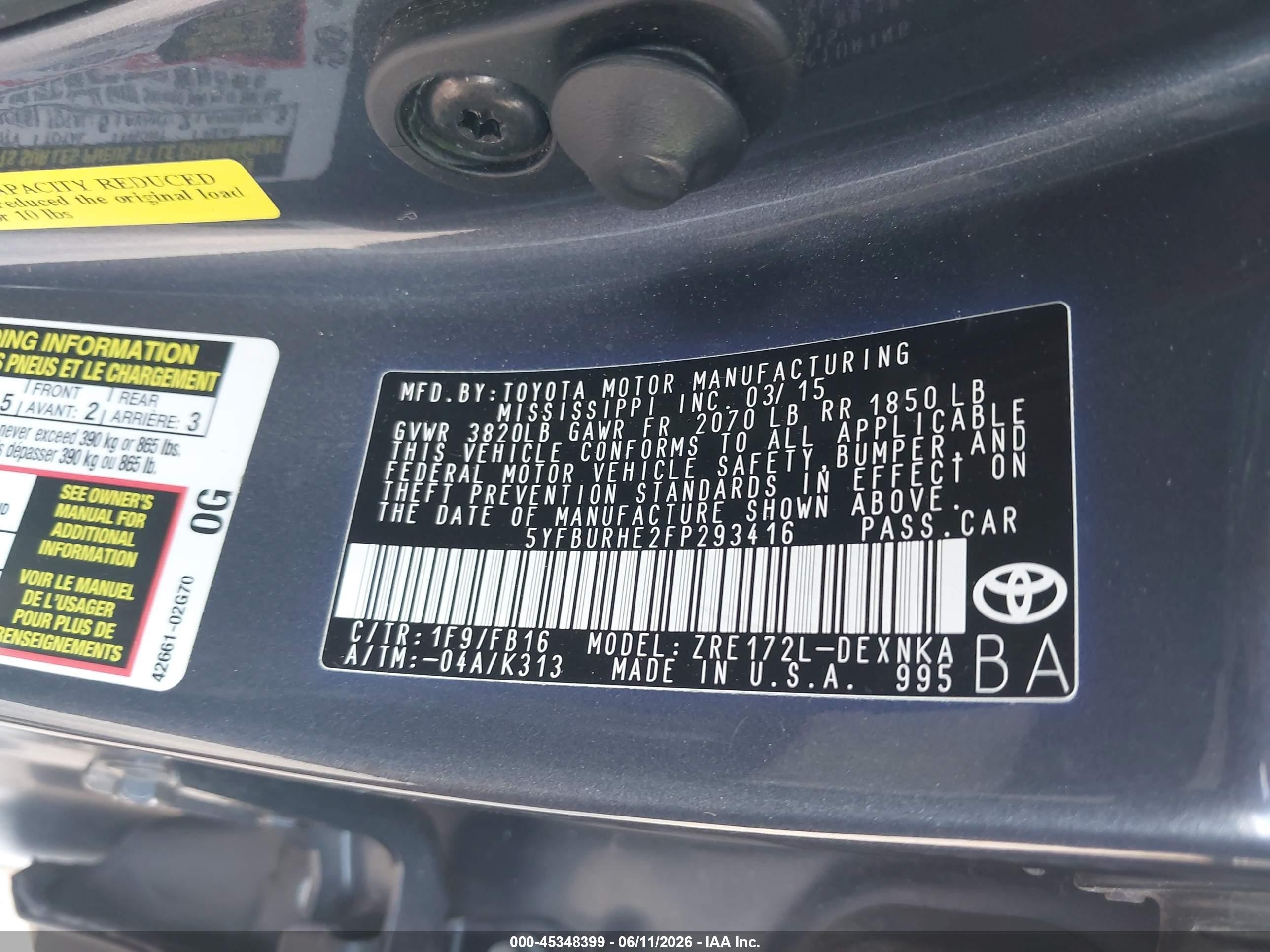 2015 Toyota Corolla Le Gray vin: 5YFBURHE2FP293416