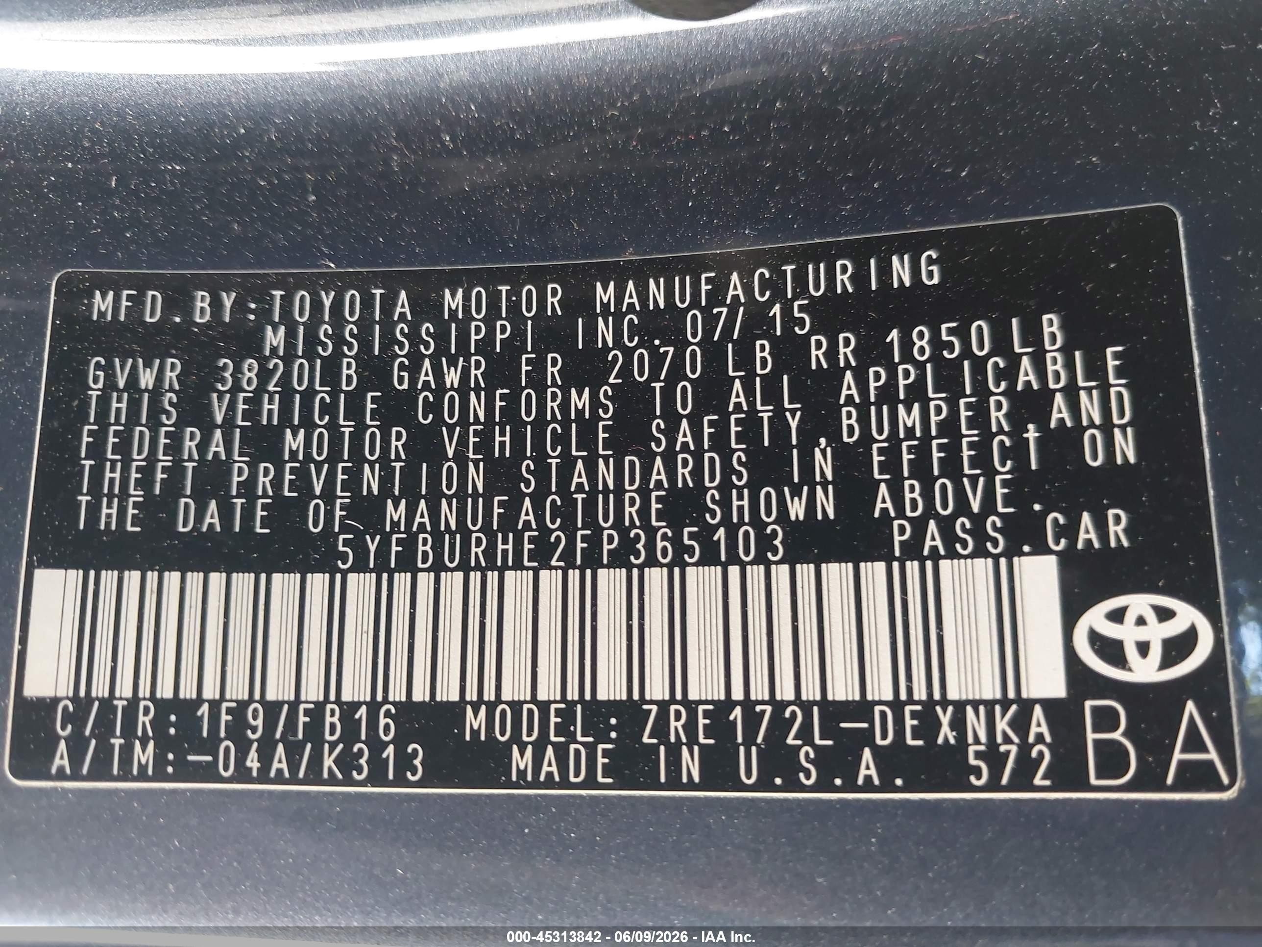 2015 Toyota Corolla Le Gray vin: 5YFBURHE2FP365103
