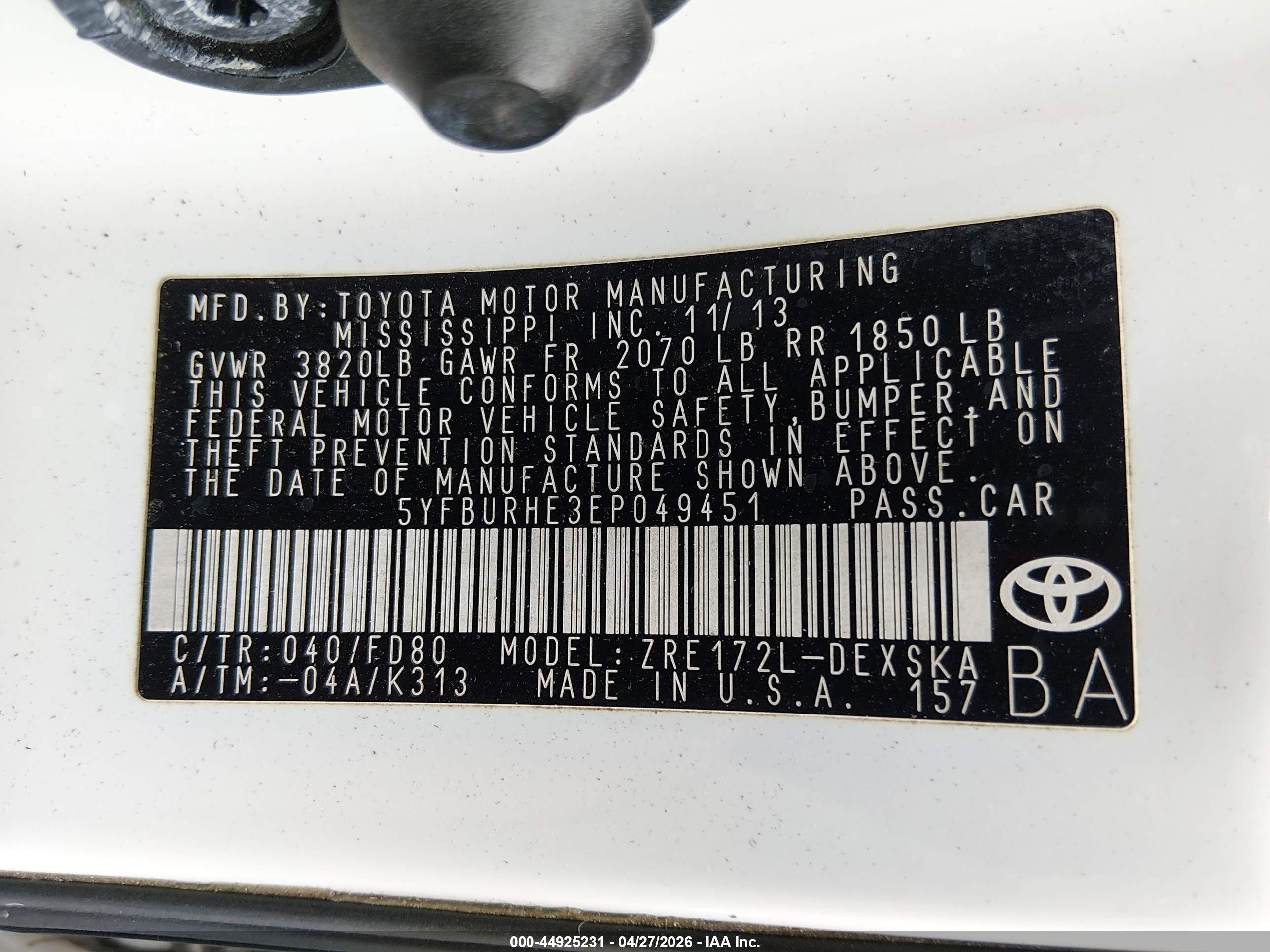 2014 Toyota Corolla S/s Plus/s Premium White vin: 5YFBURHE3EP049451