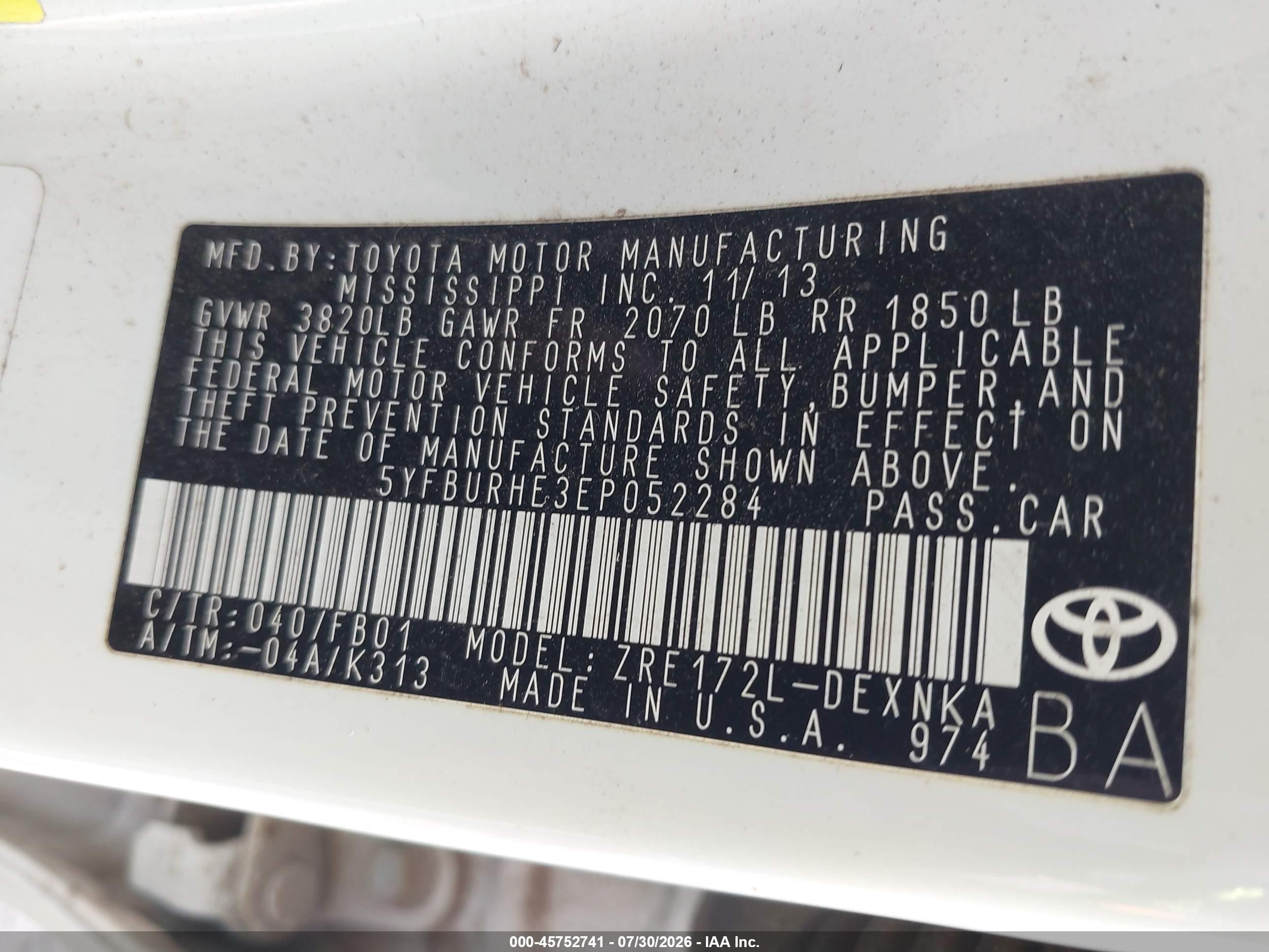 2014 Toyota Corolla Le Plus White vin: 5YFBURHE3EP052284