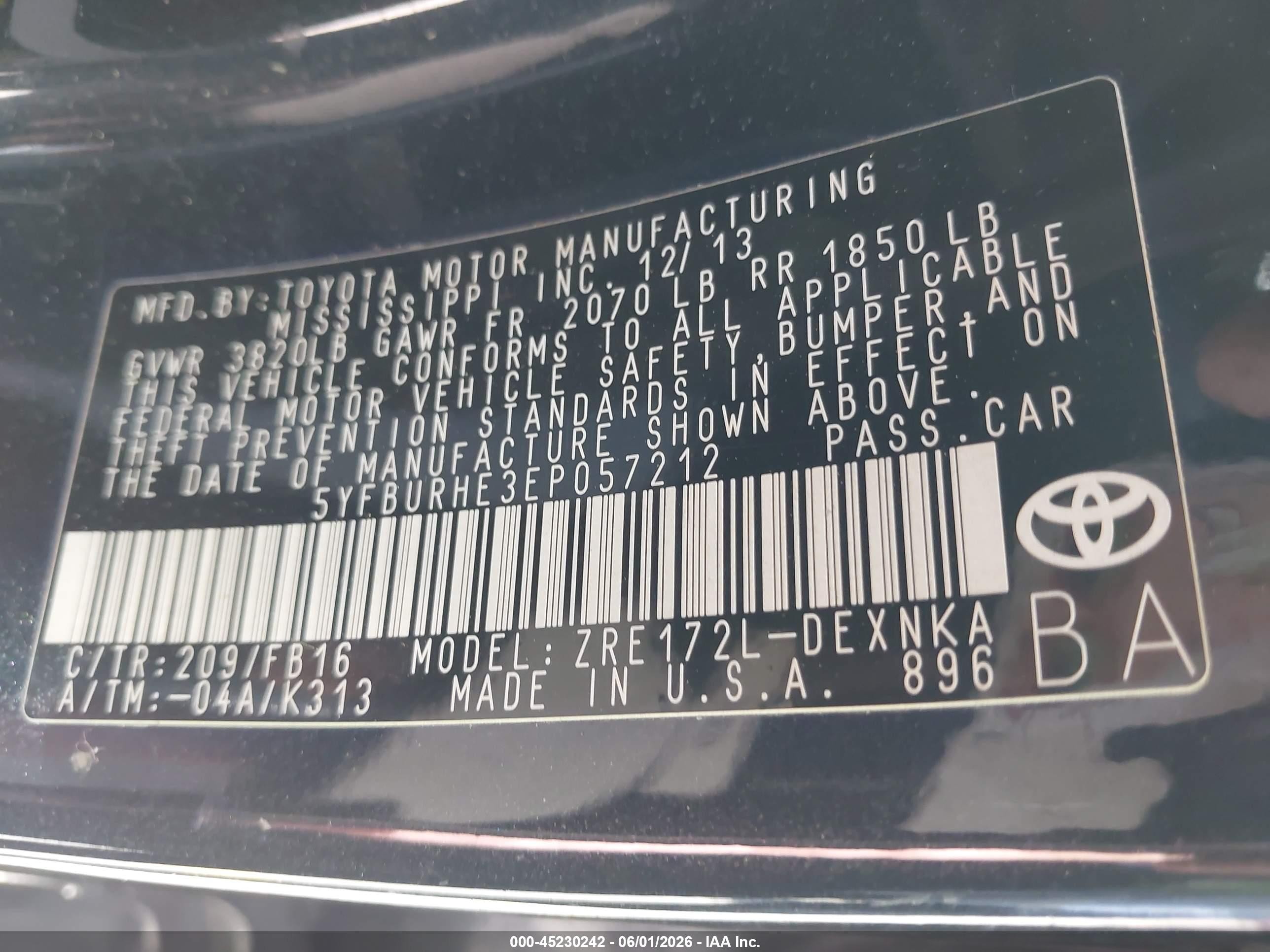 2014 Toyota Corolla Le Black vin: 5YFBURHE3EP057212