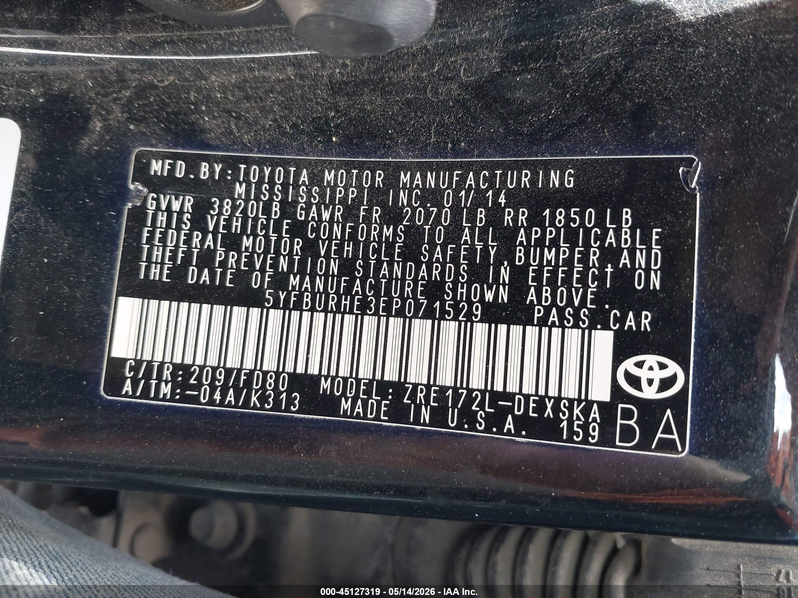 2014 Toyota Corolla S Plus Black vin: 5YFBURHE3EP071529