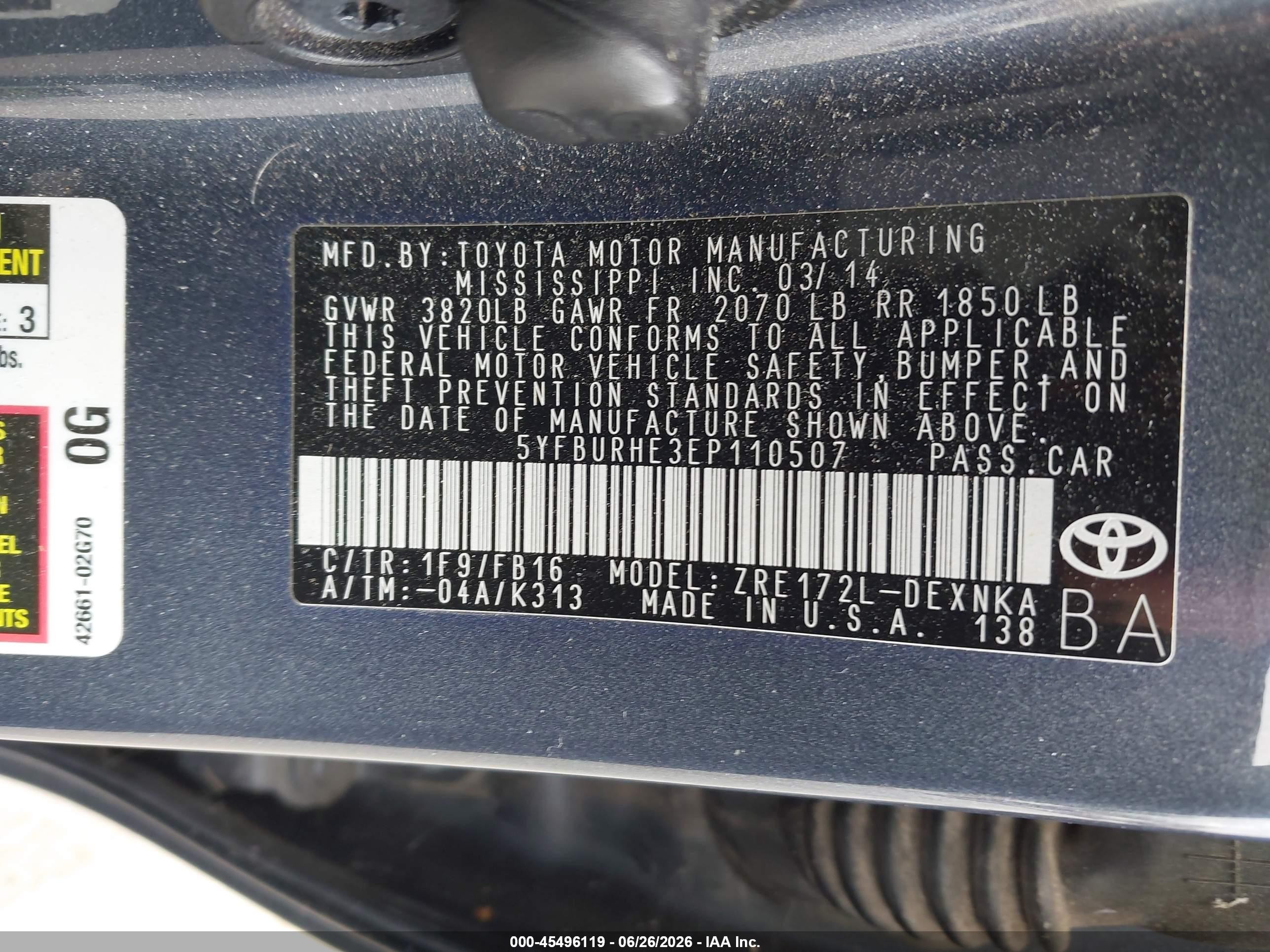 2014 Toyota Corolla Le Gray vin: 5YFBURHE3EP110507