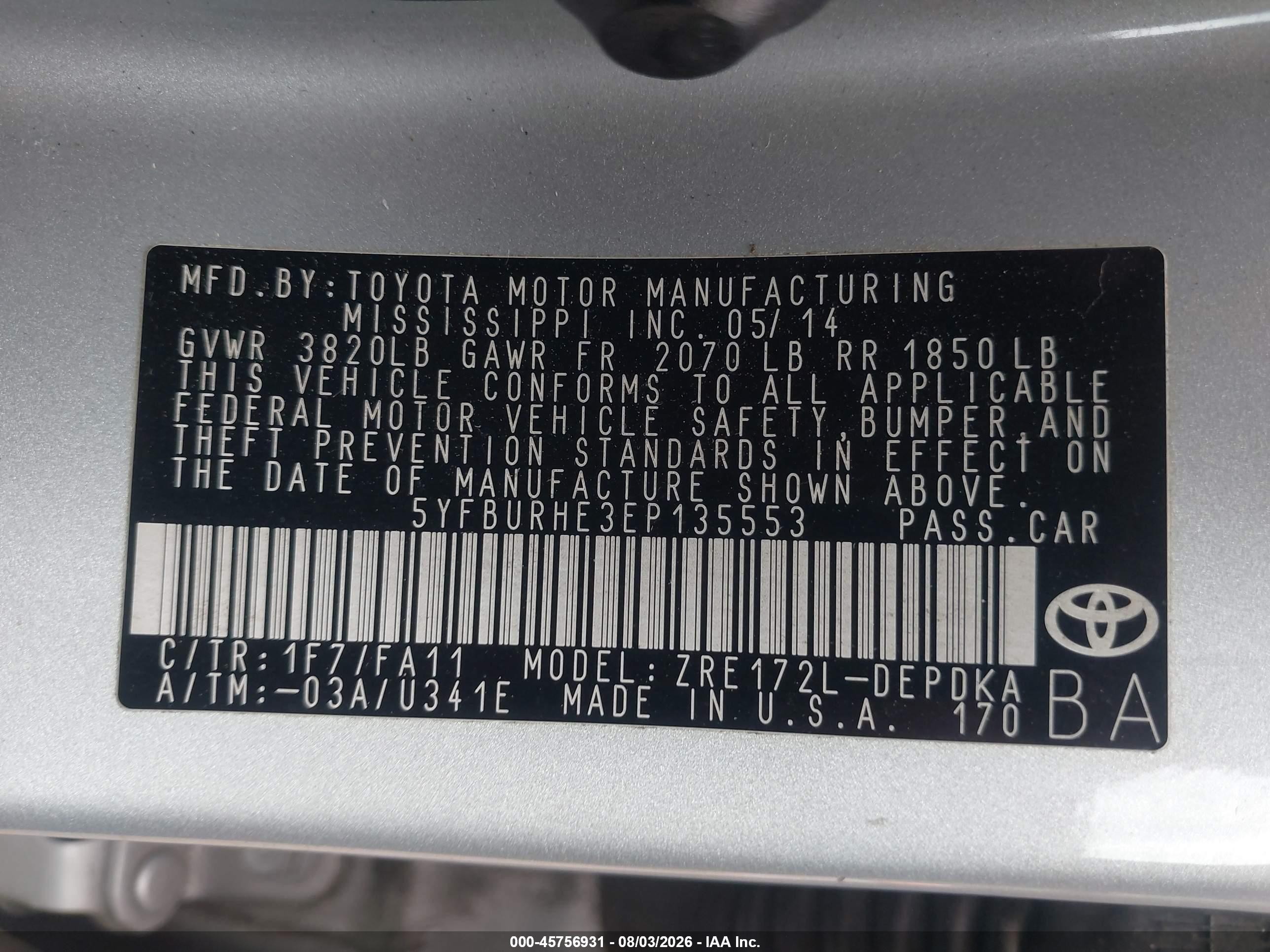 2014 Toyota Corolla L Silver vin: 5YFBURHE3EP135553