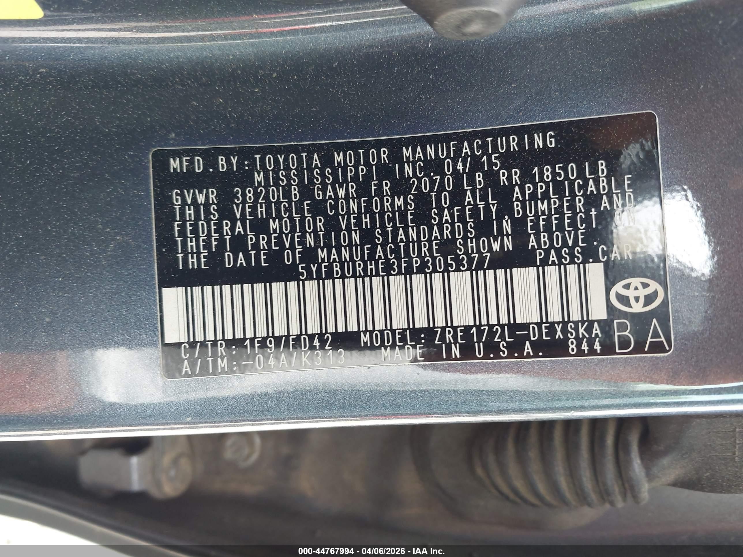 2015 Toyota Corolla S Plus Dark Blue vin: 5YFBURHE3FP305377