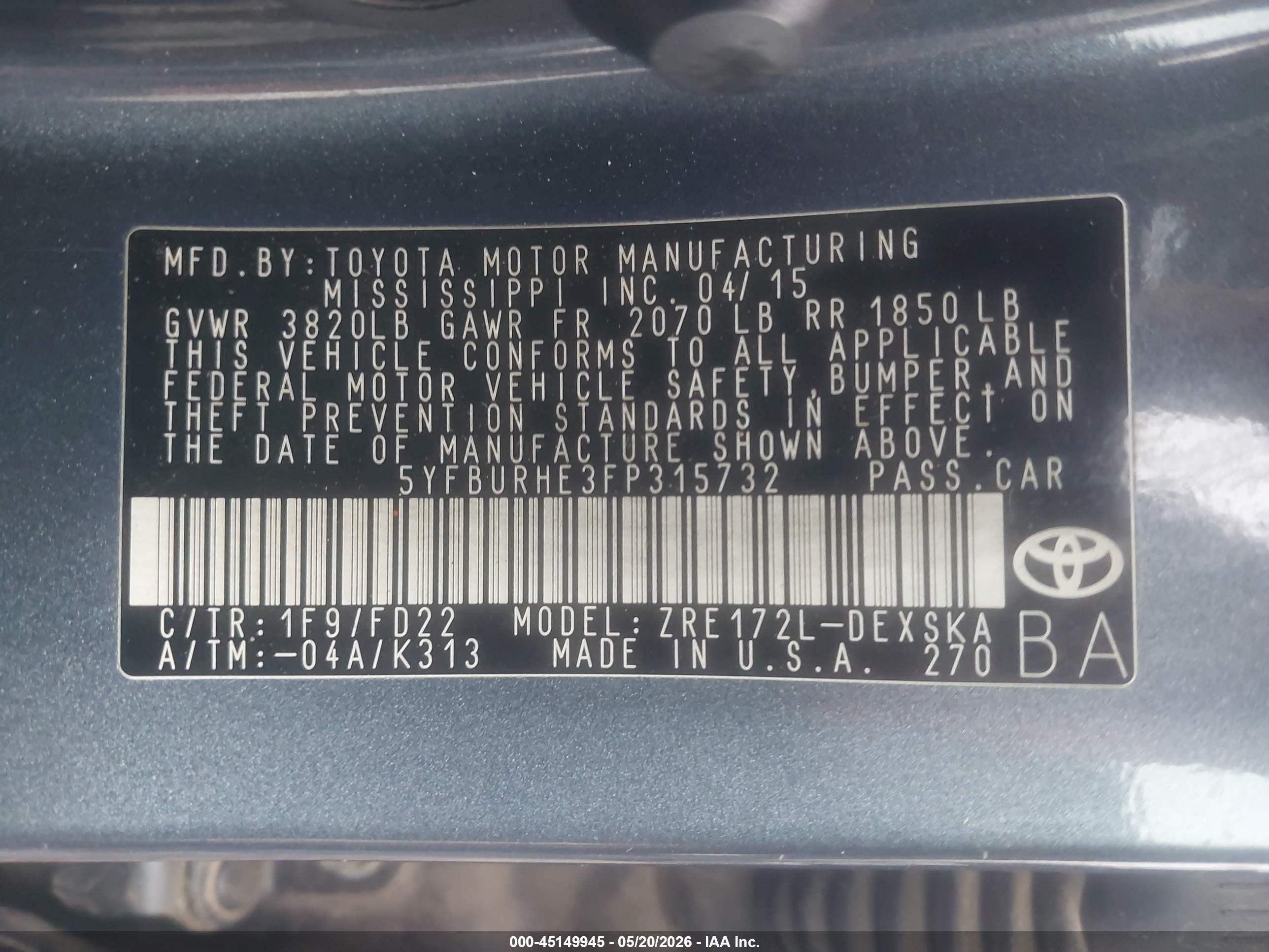 2015 Toyota Corolla S Gray vin: 5YFBURHE3FP315732