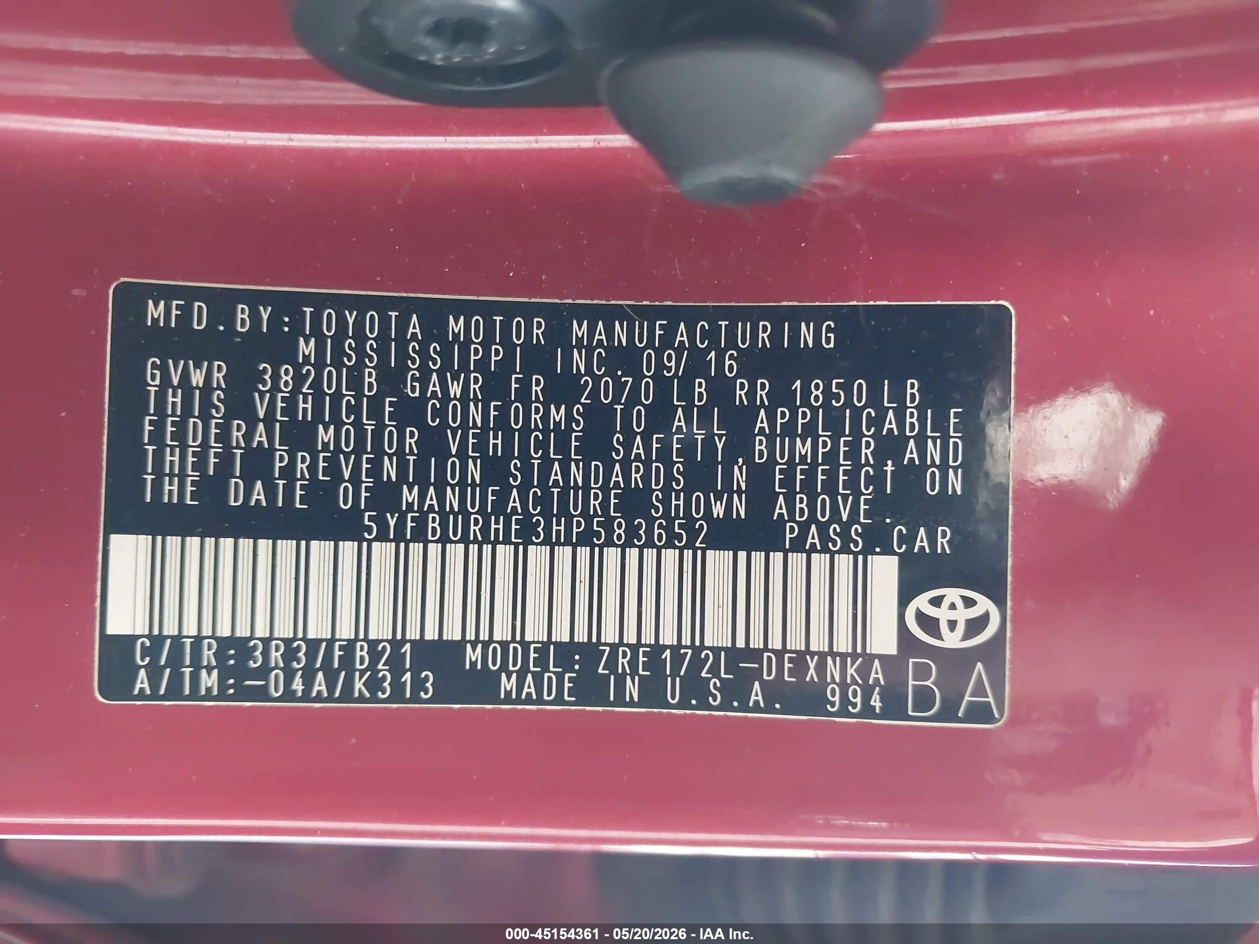 2017 Toyota Corolla Le Red vin: 5YFBURHE3HP583652