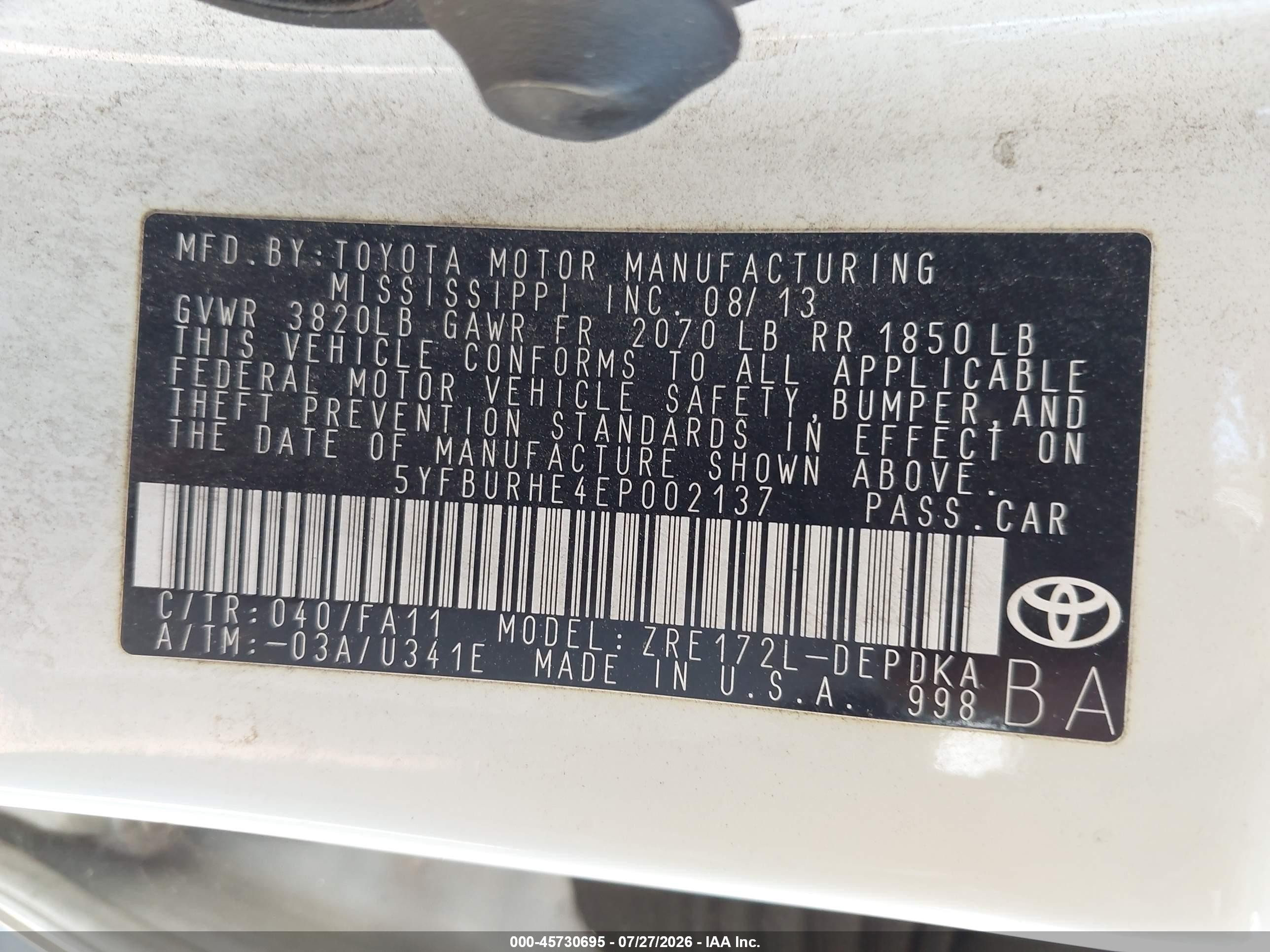 2014 Toyota Corolla L White vin: 5YFBURHE4EP002137