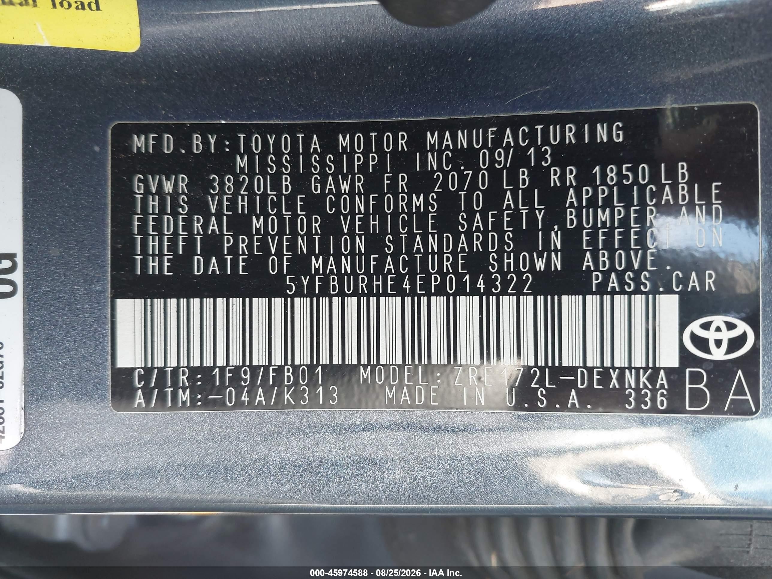 2014 Toyota Corolla Le Plus Blue vin: 5YFBURHE4EP014322