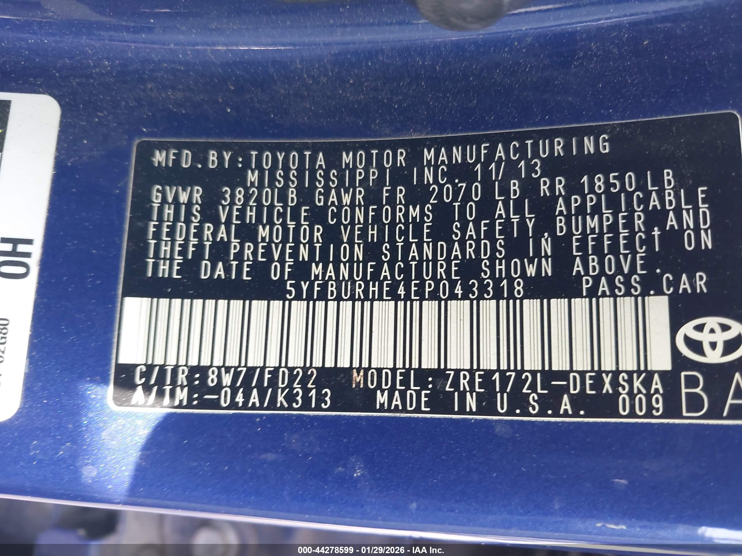2014 Toyota Corolla S Plus Blue vin: 5YFBURHE4EP043318