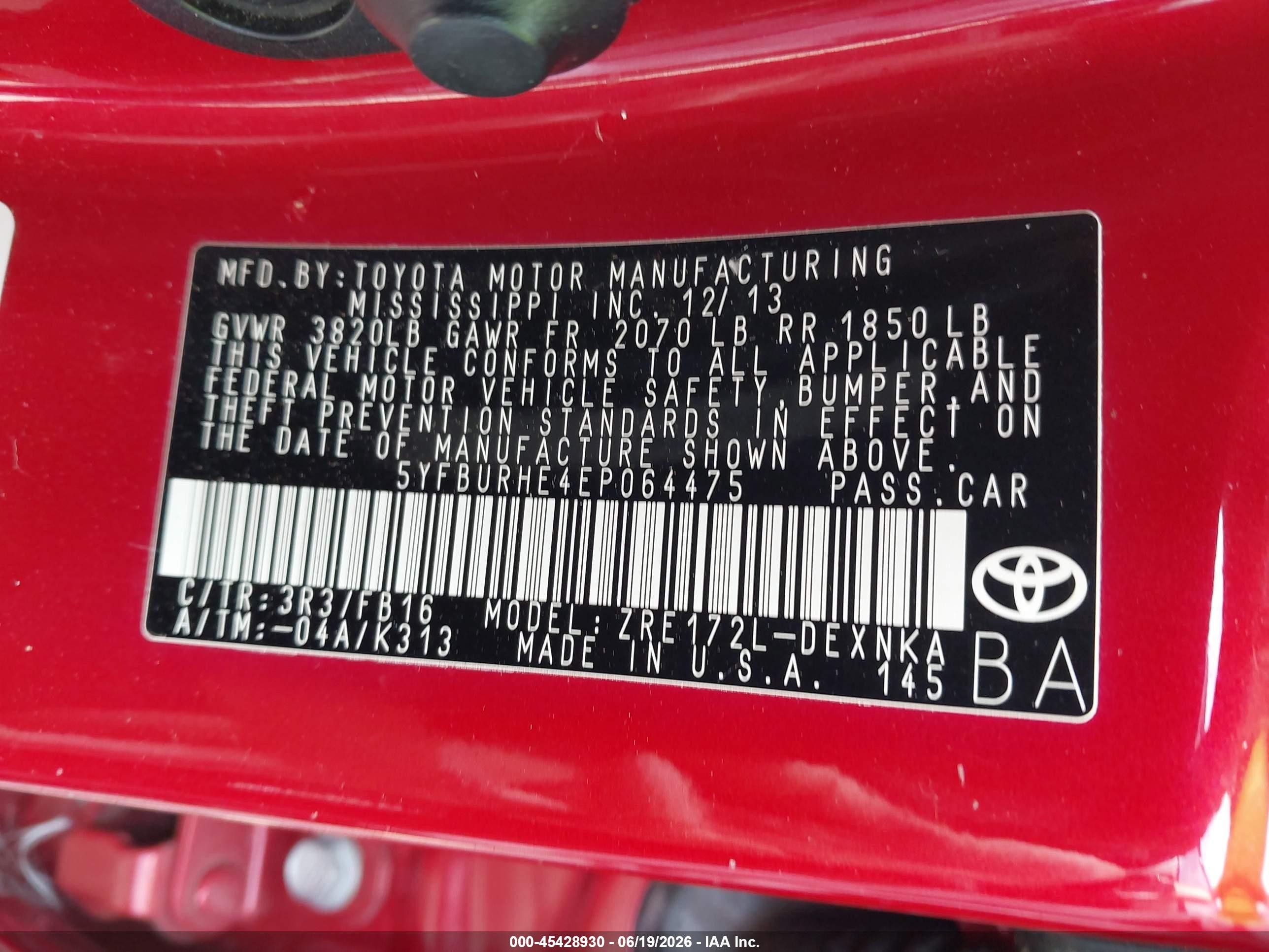 2014 Toyota Corolla Le Red vin: 5YFBURHE4EP064475