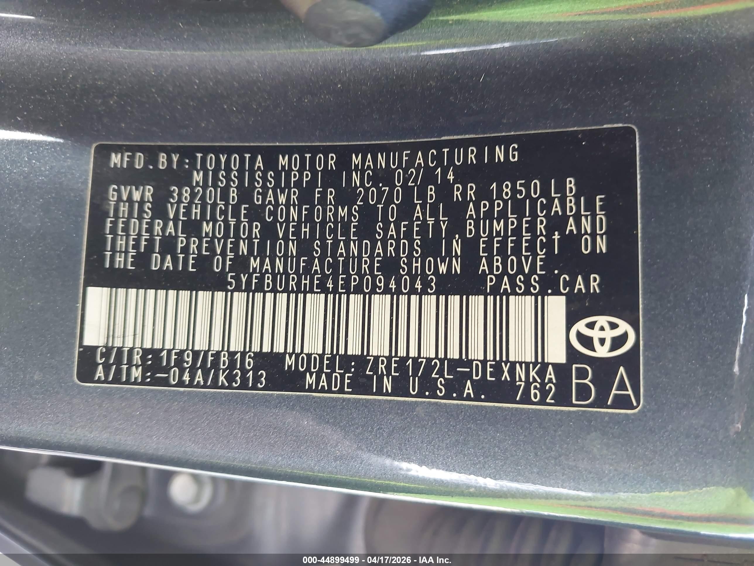 2014 Toyota Corolla Le Plus Gray vin: 5YFBURHE4EP094043