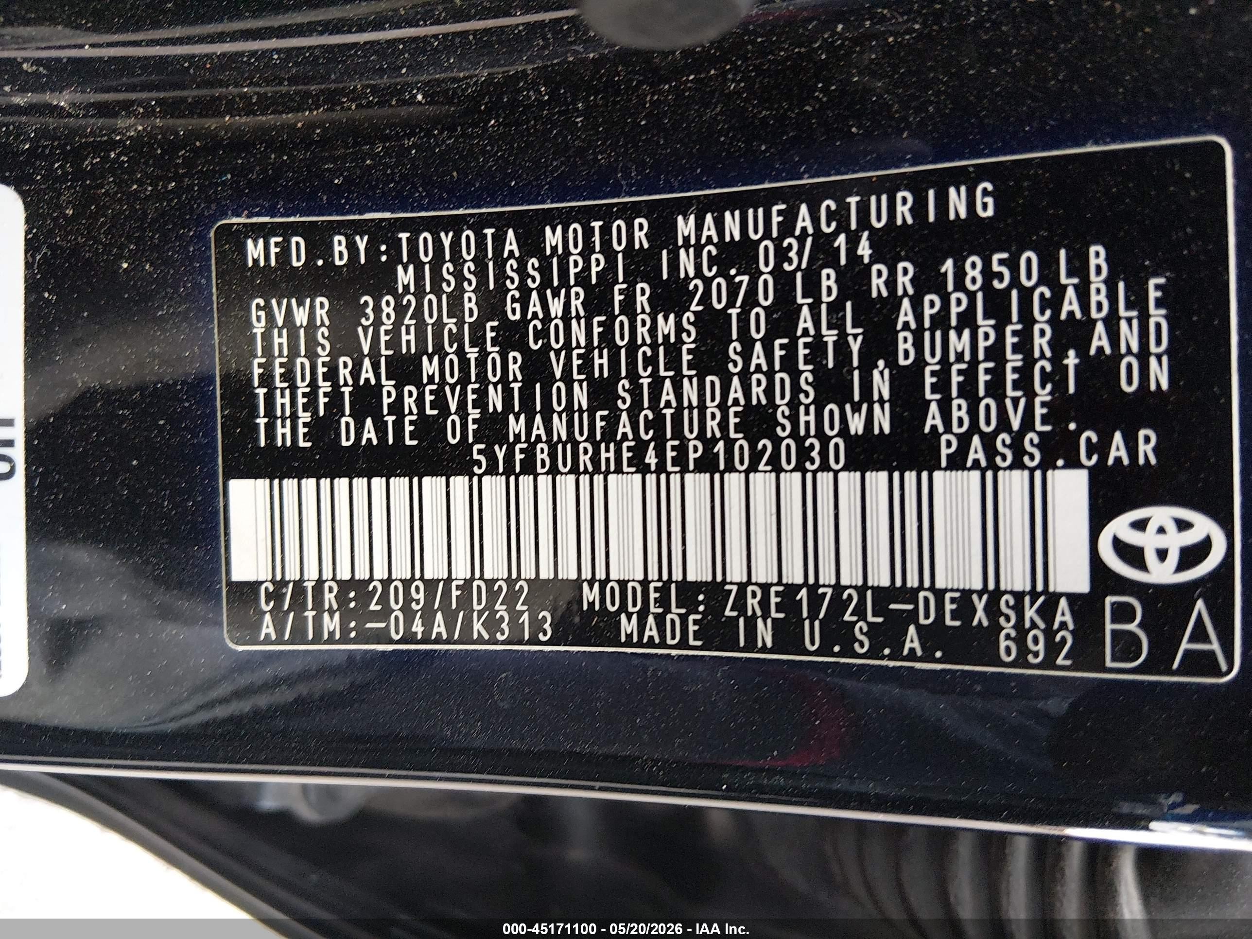 2014 Toyota Corolla S Plus Black vin: 5YFBURHE4EP102030