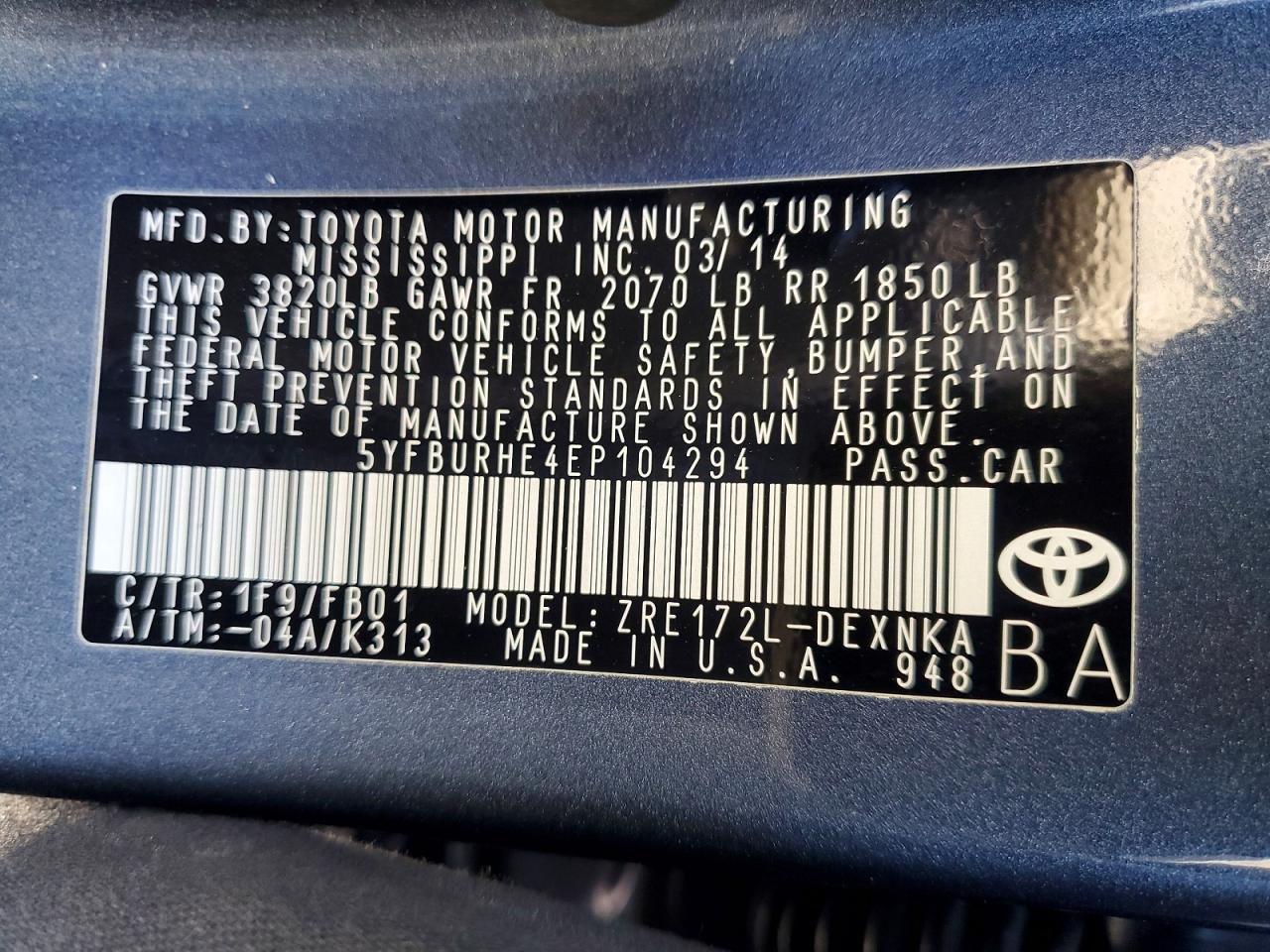 2014 Toyota Corolla Le Gray vin: 5YFBURHE4EP104294
