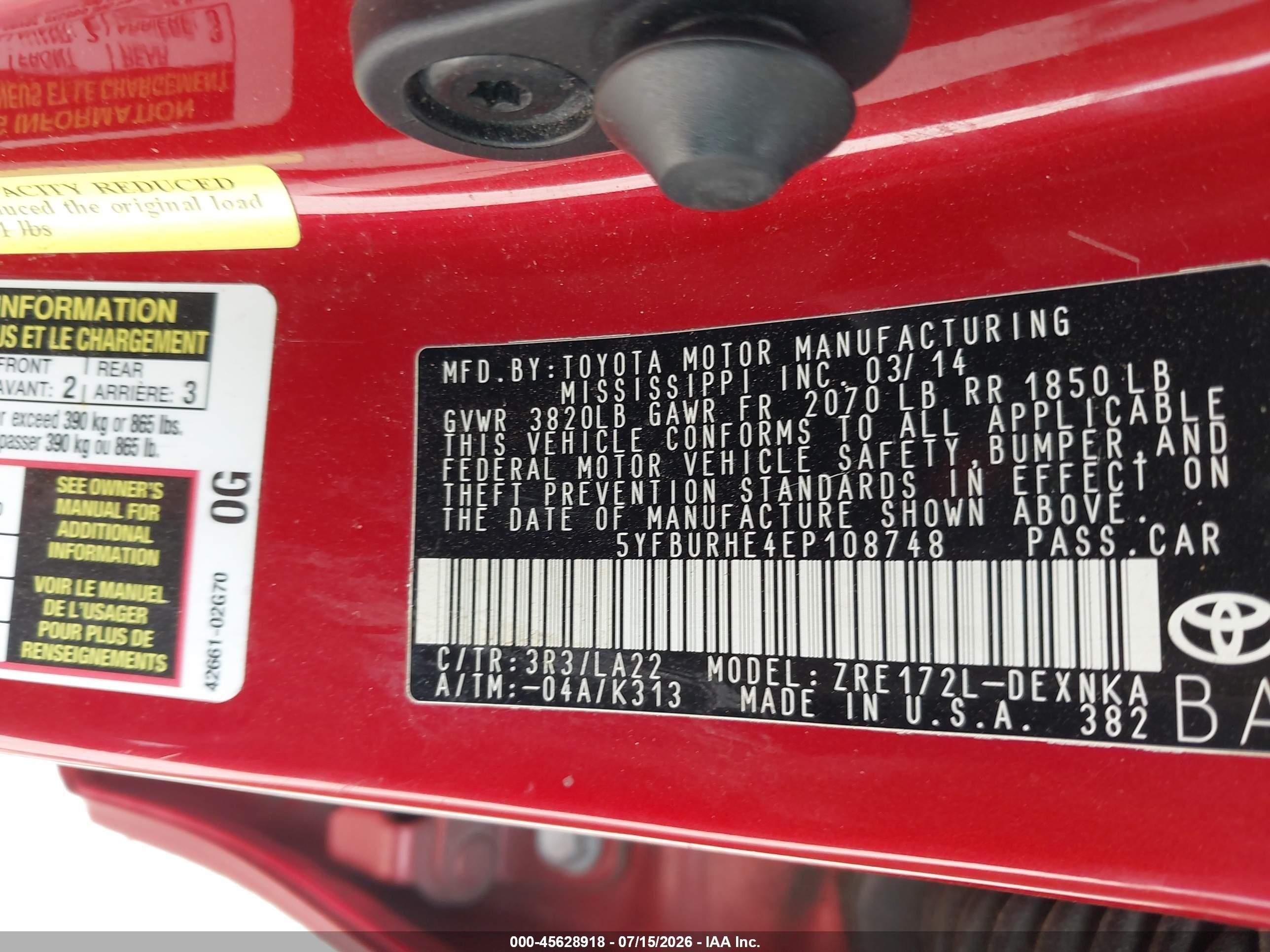 2014 Toyota Corolla Le Premium Red vin: 5YFBURHE4EP108748