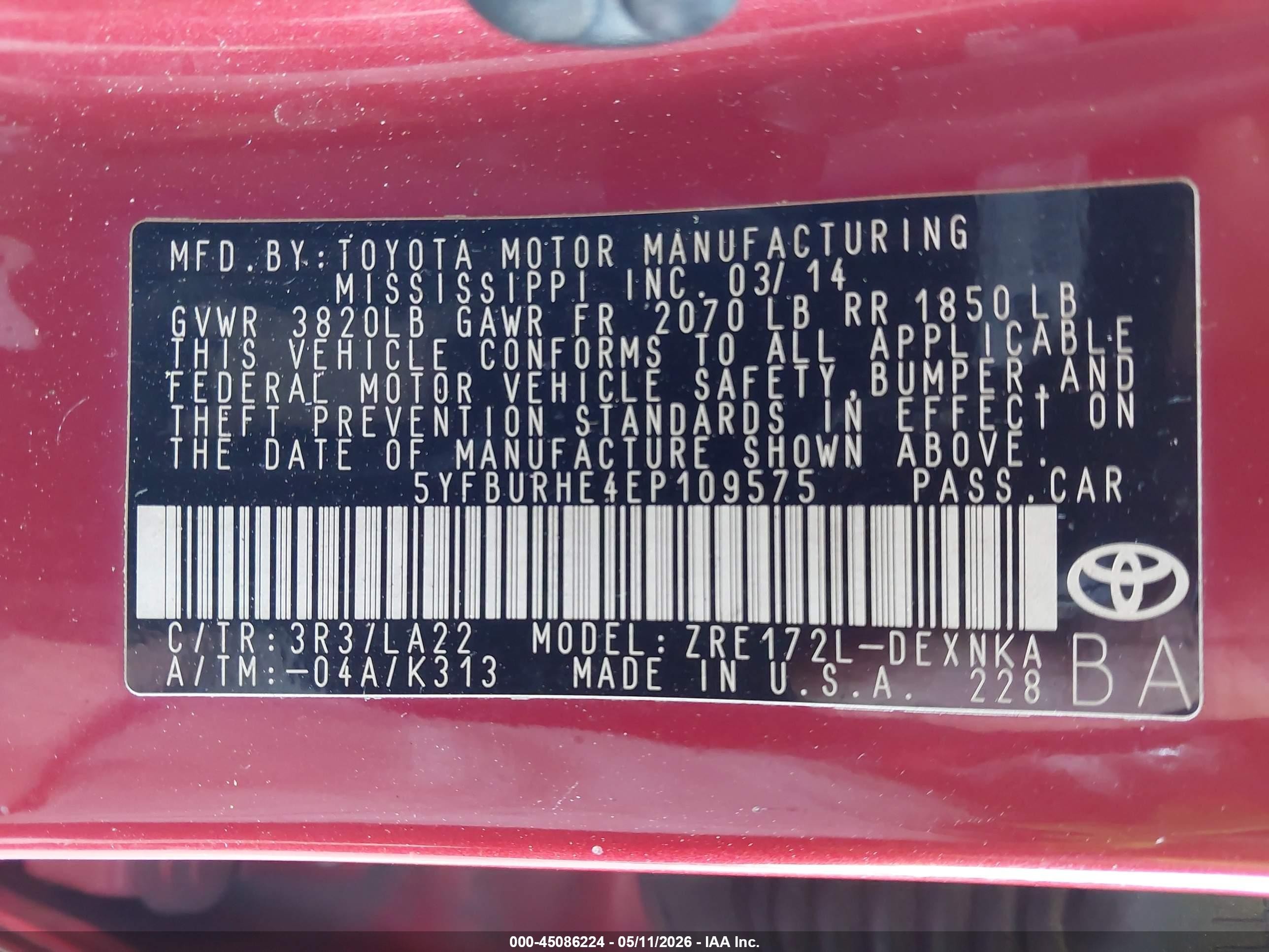 2014 Toyota Corolla Le Premium Red vin: 5YFBURHE4EP109575