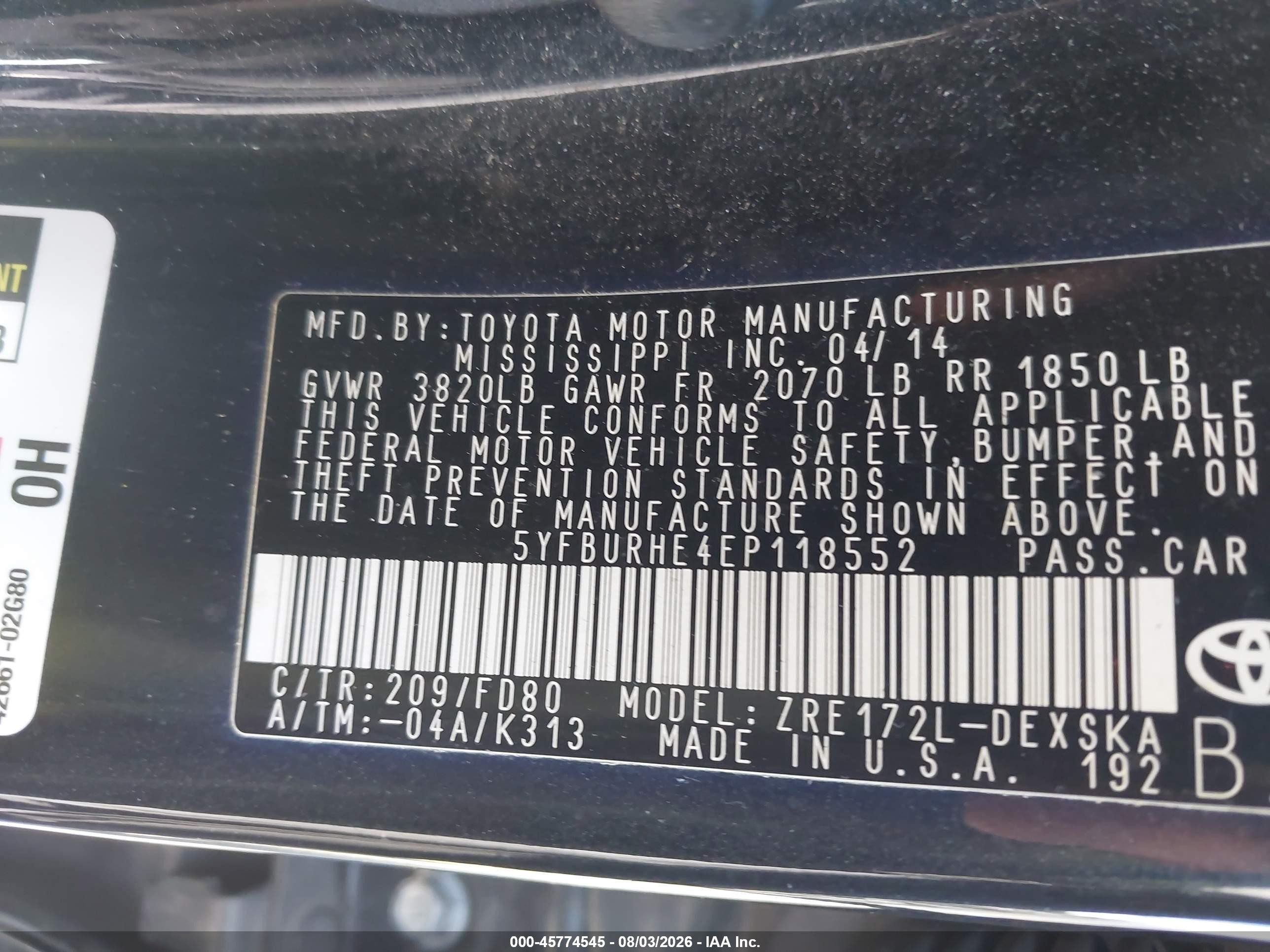 2014 Toyota Corolla S Plus Black vin: 5YFBURHE4EP118552