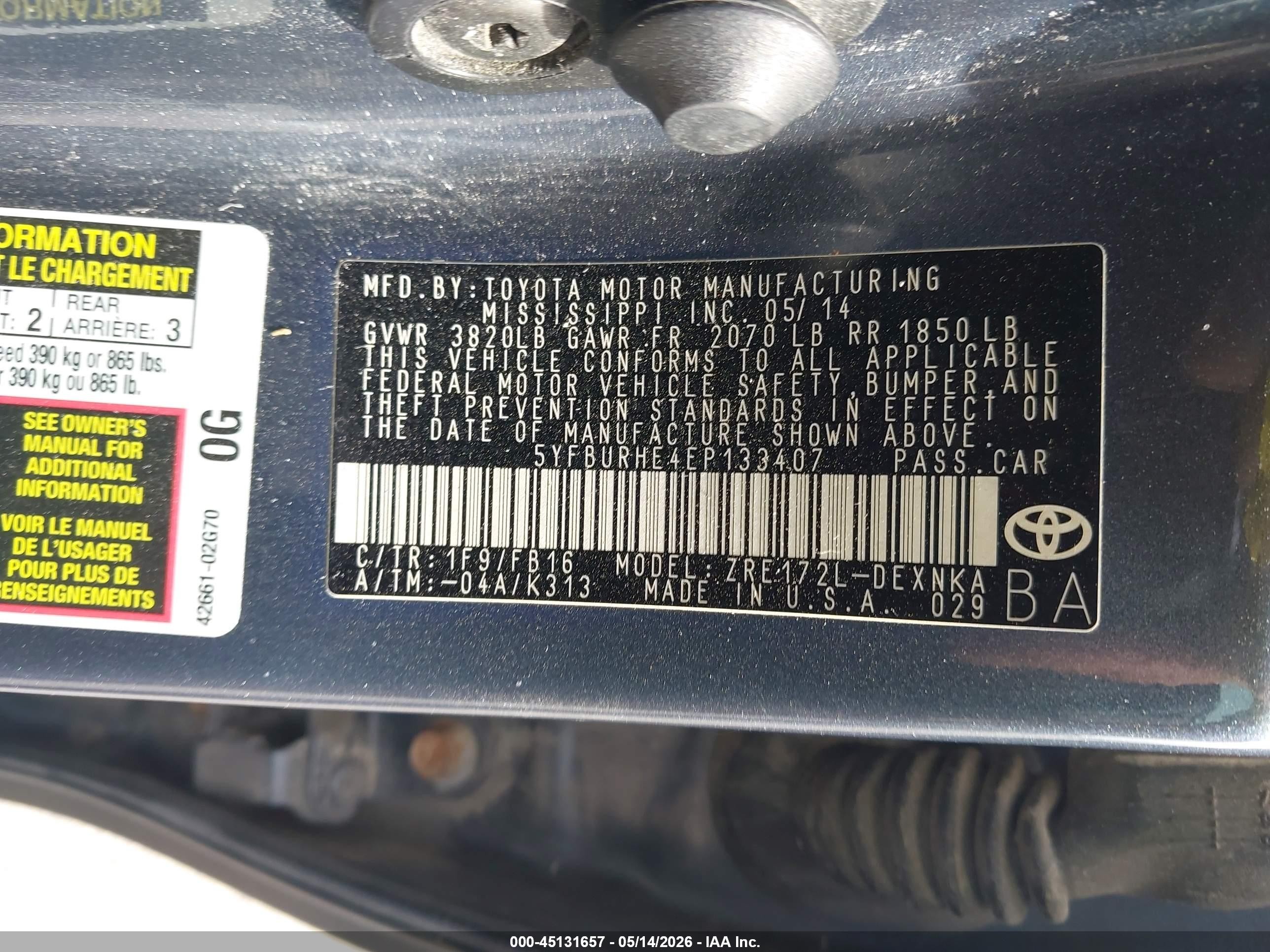 2014 Toyota Corolla Le Blue vin: 5YFBURHE4EP133407