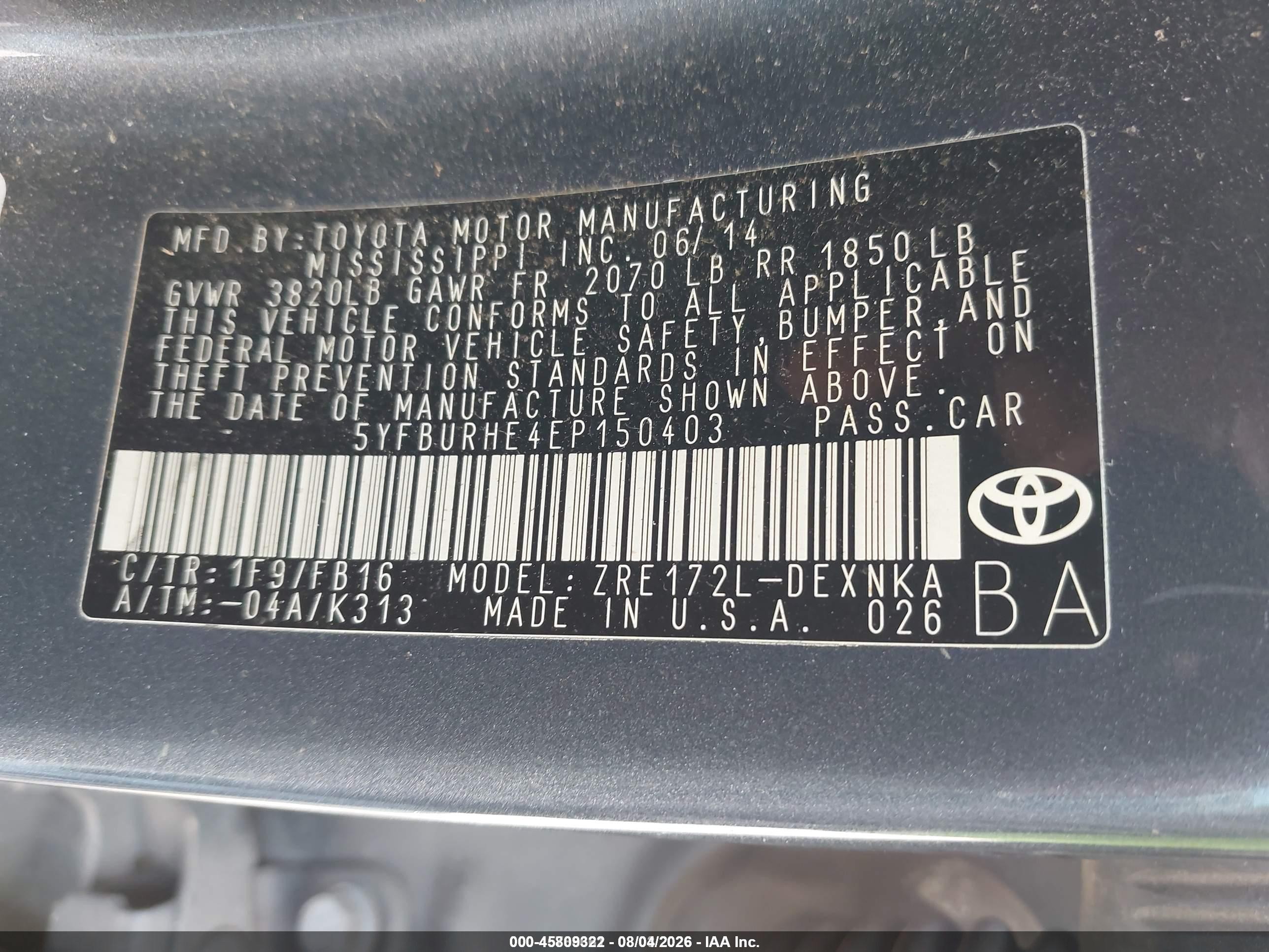 2014 Toyota Corolla Le Blue vin: 5YFBURHE4EP150403