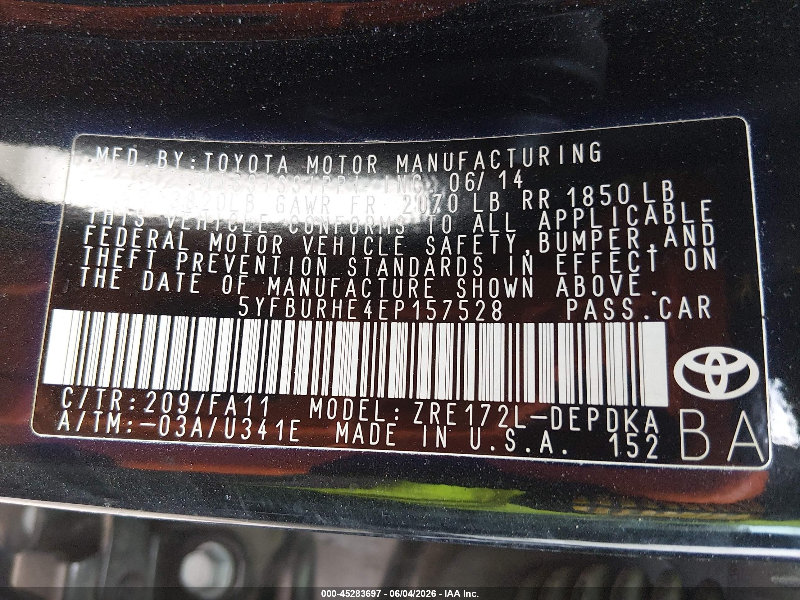 2014 Toyota Corolla L Black vin: 5YFBURHE4EP157528