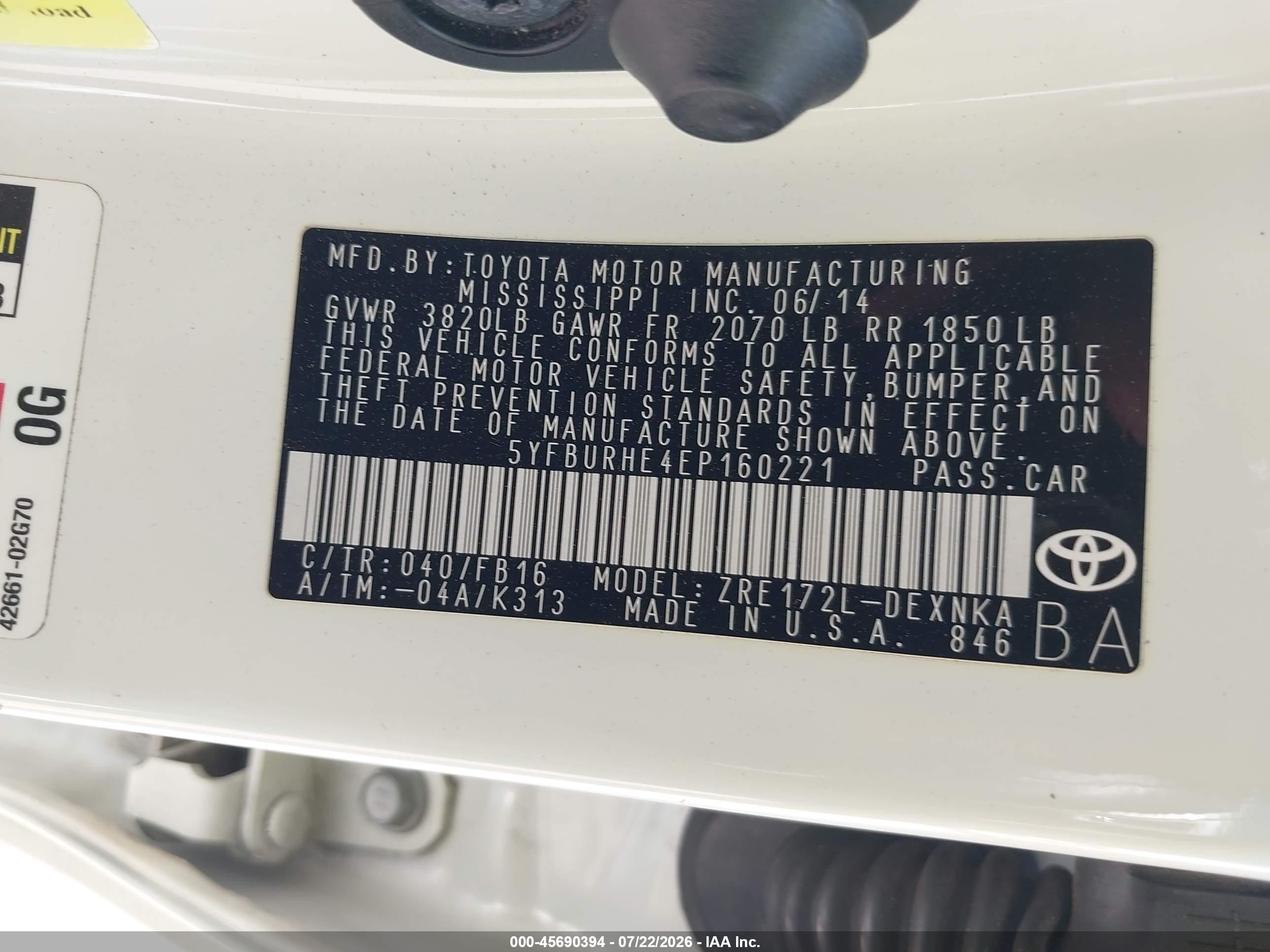 2014 Toyota Corolla Le White vin: 5YFBURHE4EP160221