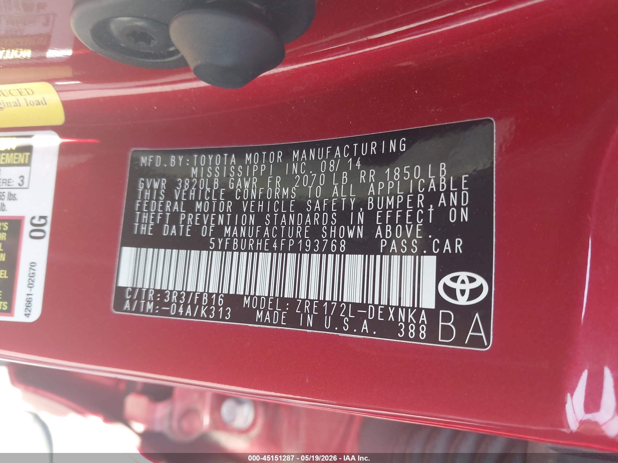 2015 Toyota Corolla Le Plus Red vin: 5YFBURHE4FP193768