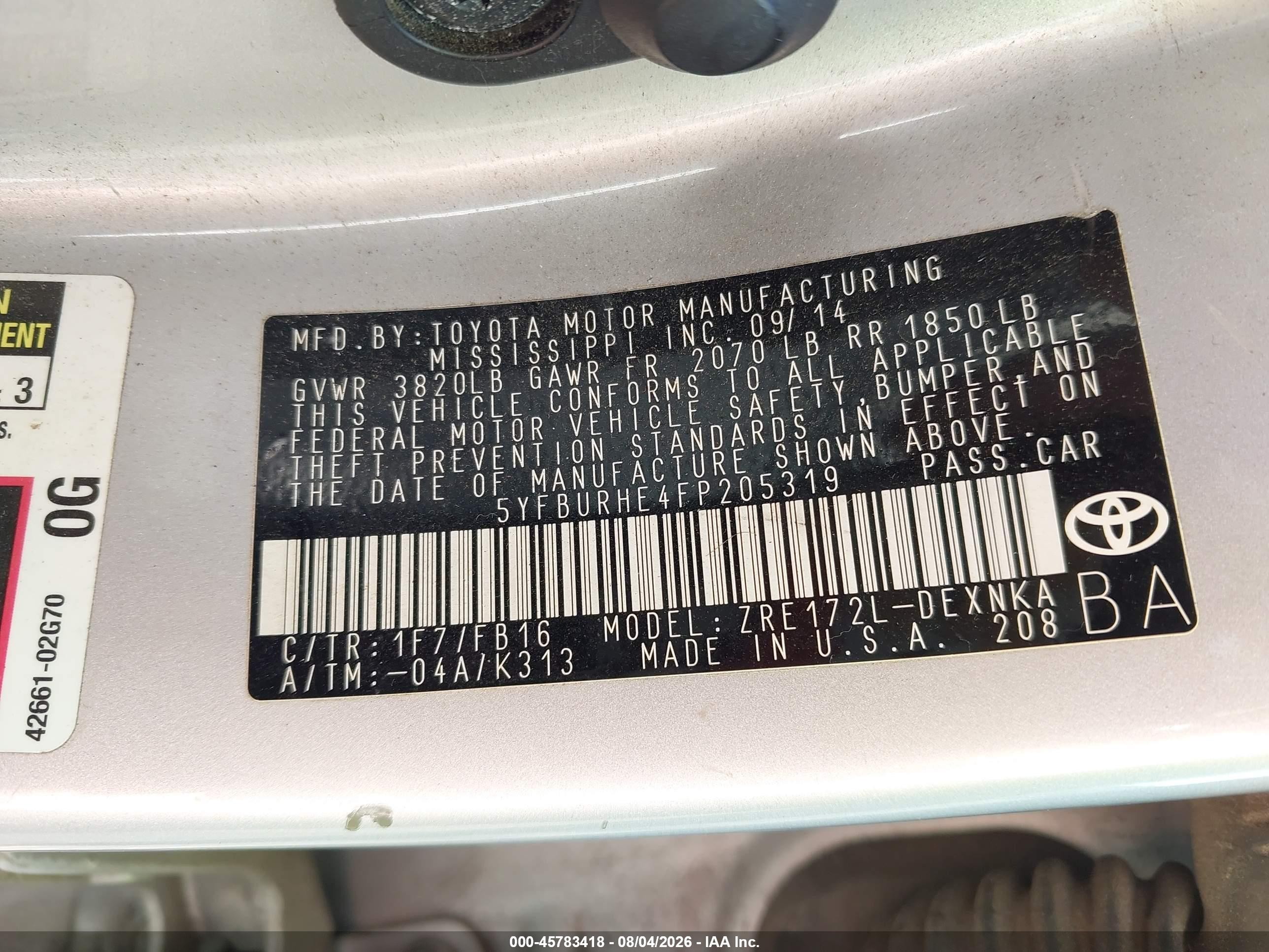 2015 Toyota Corolla Le Silver vin: 5YFBURHE4FP205319