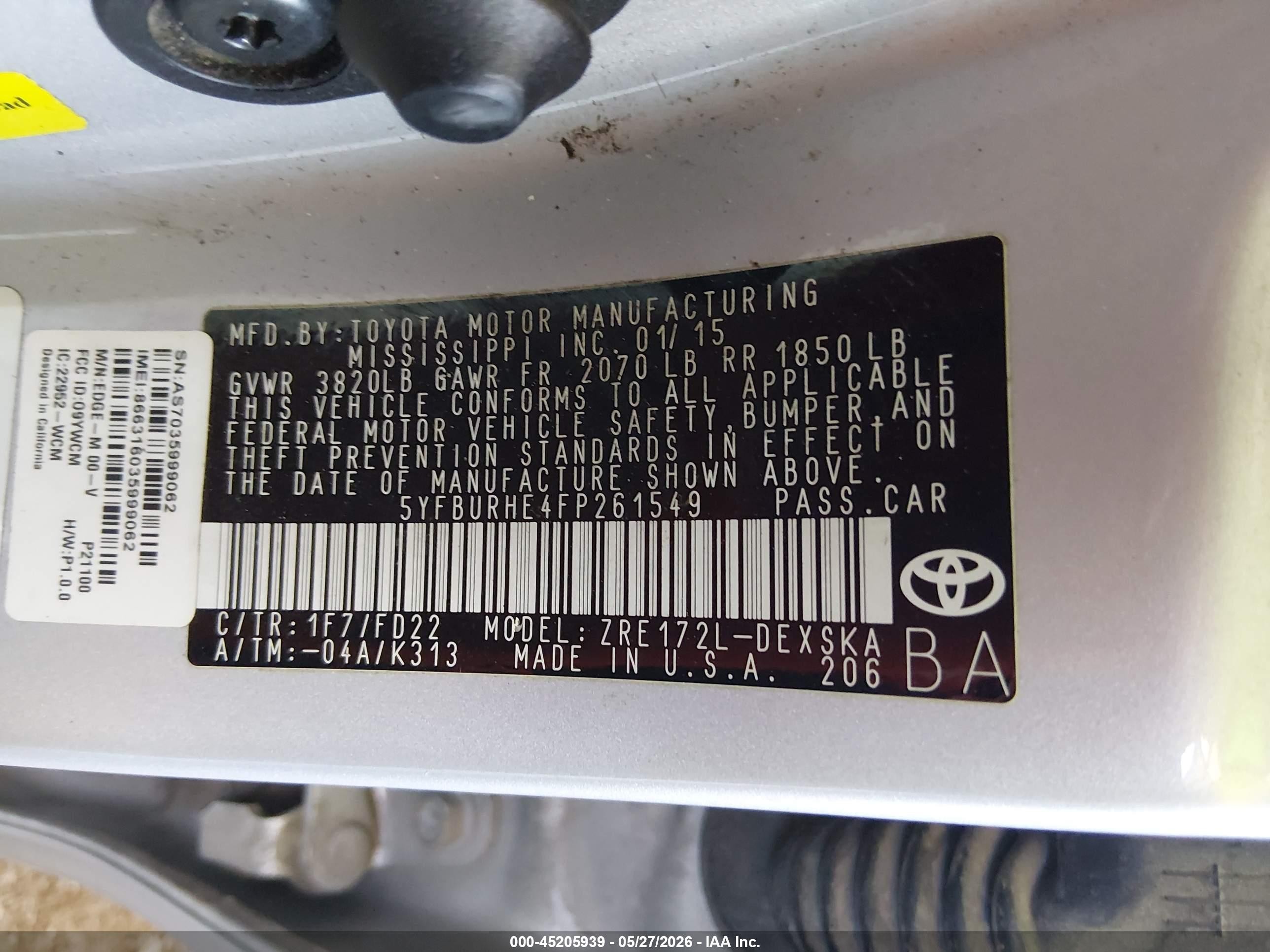 2015 Toyota Corolla S Plus Silver vin: 5YFBURHE4FP261549