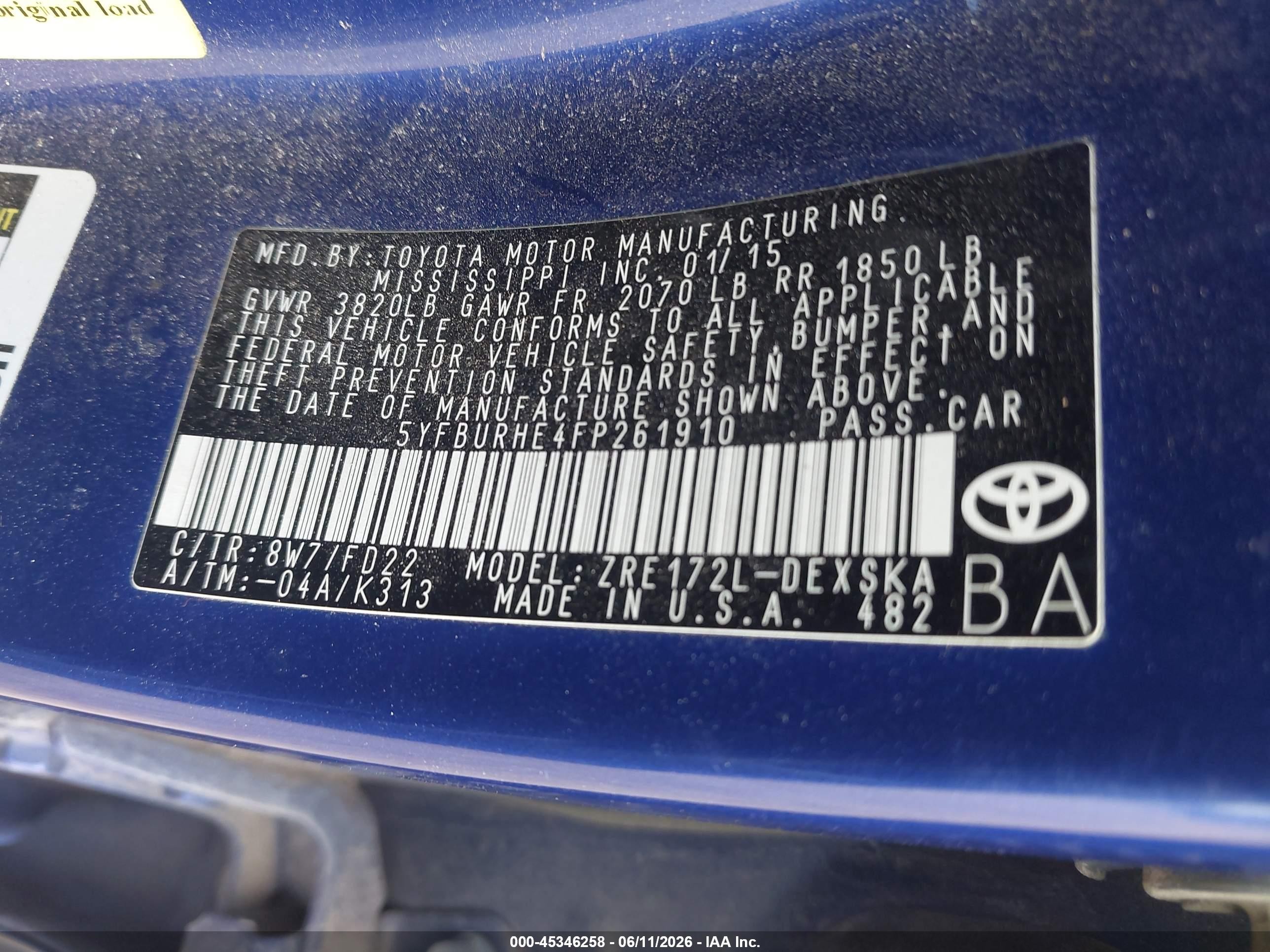 2015 Toyota Corolla S Plus Blue vin: 5YFBURHE4FP261910