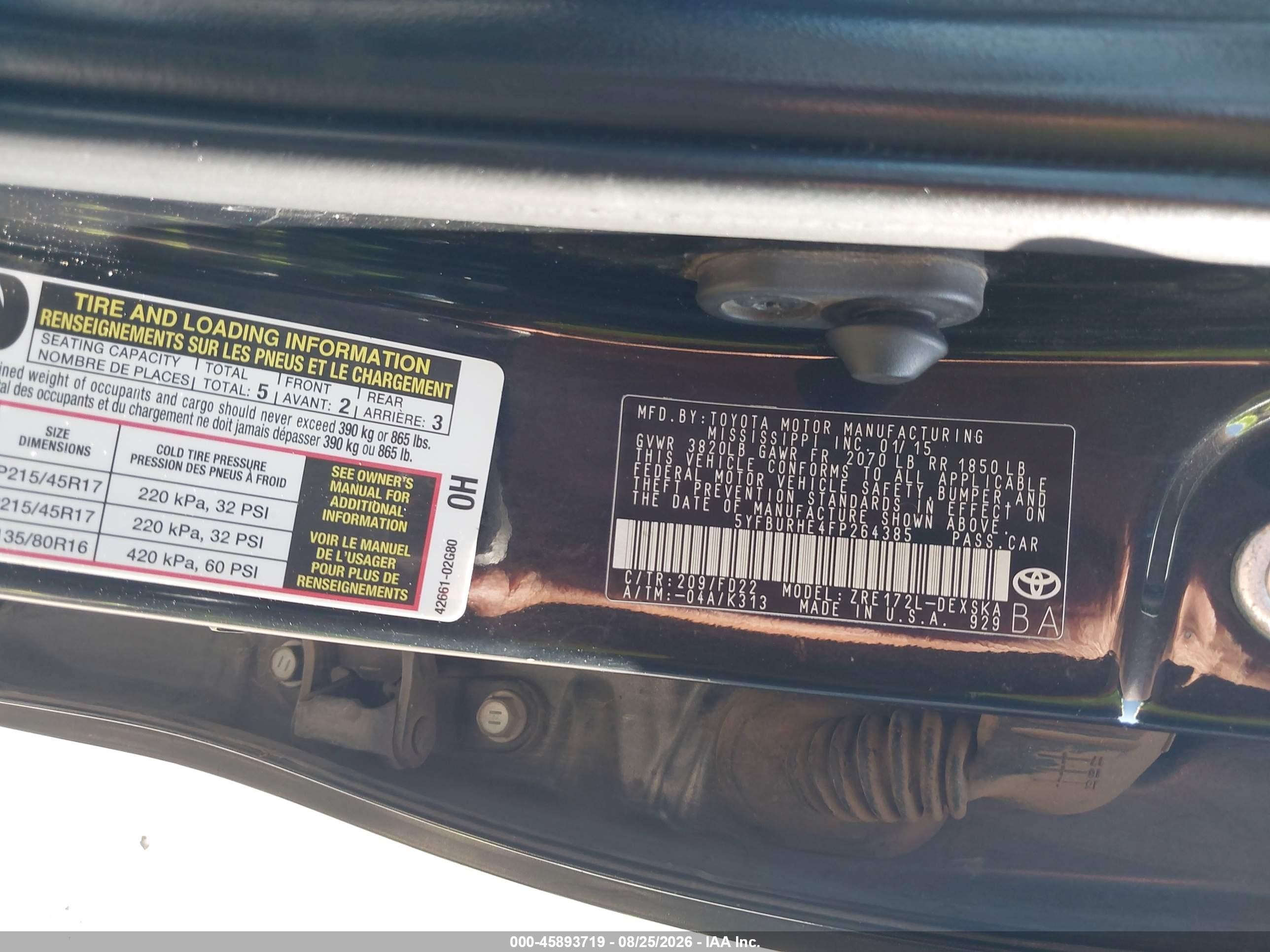 2015 Toyota Corolla S Plus Черный vin: 5YFBURHE4FP264385