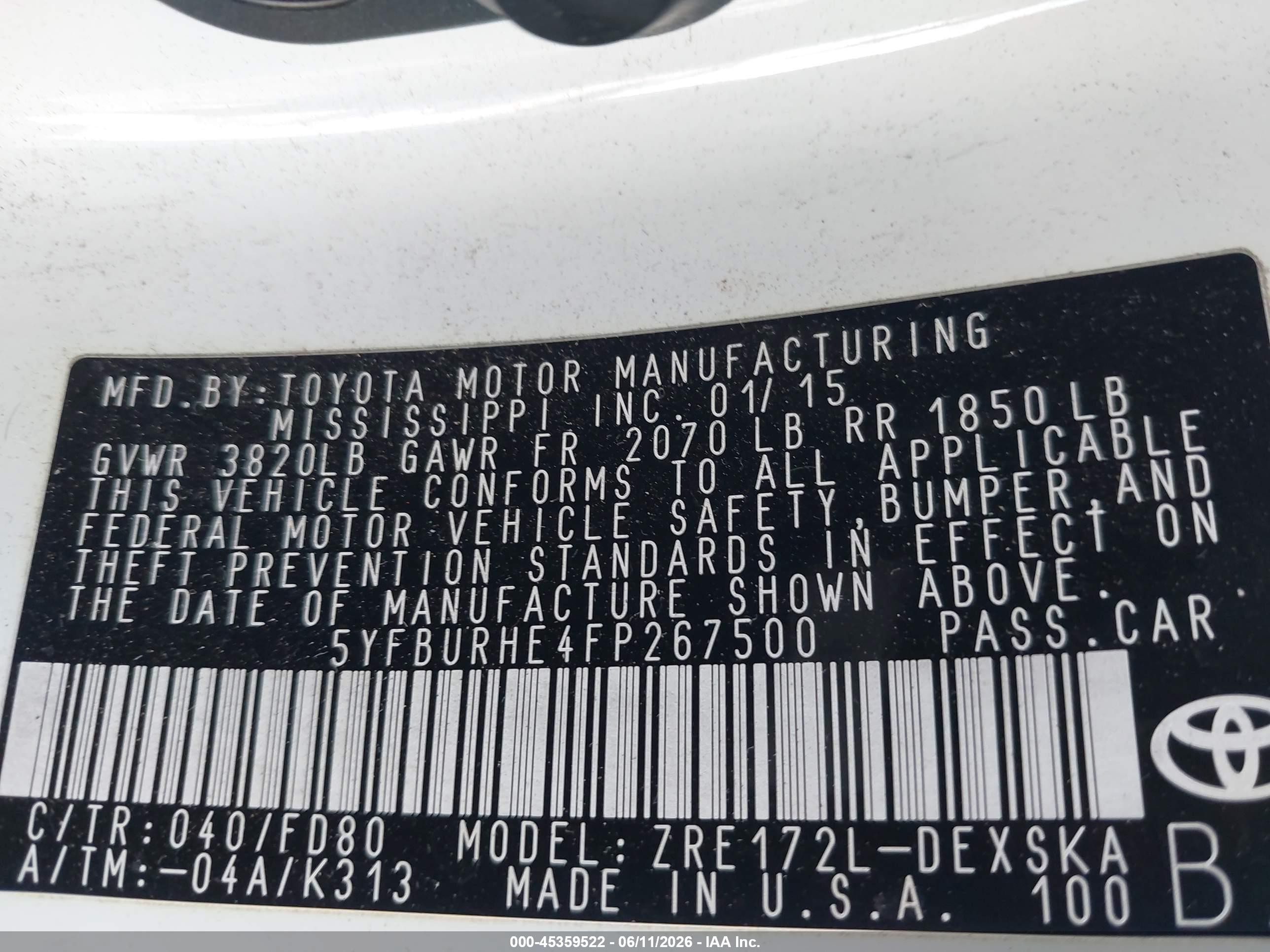 2015 Toyota Corolla S Plus White vin: 5YFBURHE4FP267500