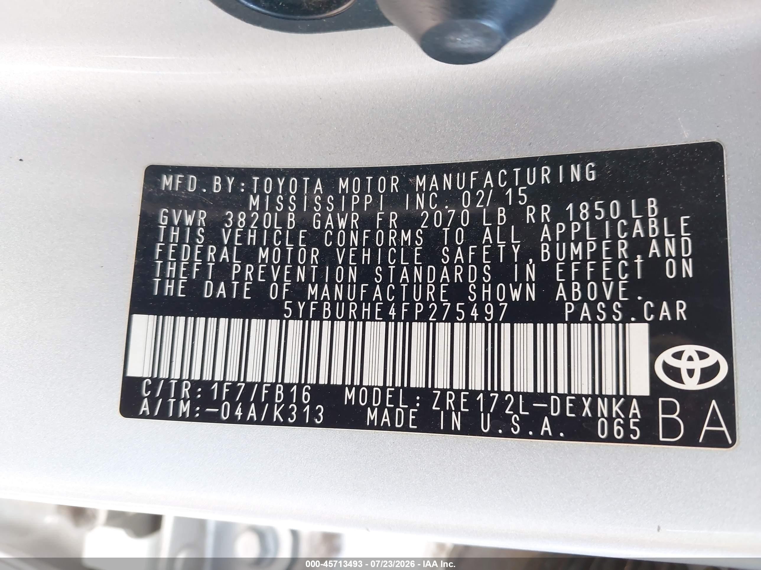 2015 Toyota Corolla Le Серебряный vin: 5YFBURHE4FP275497