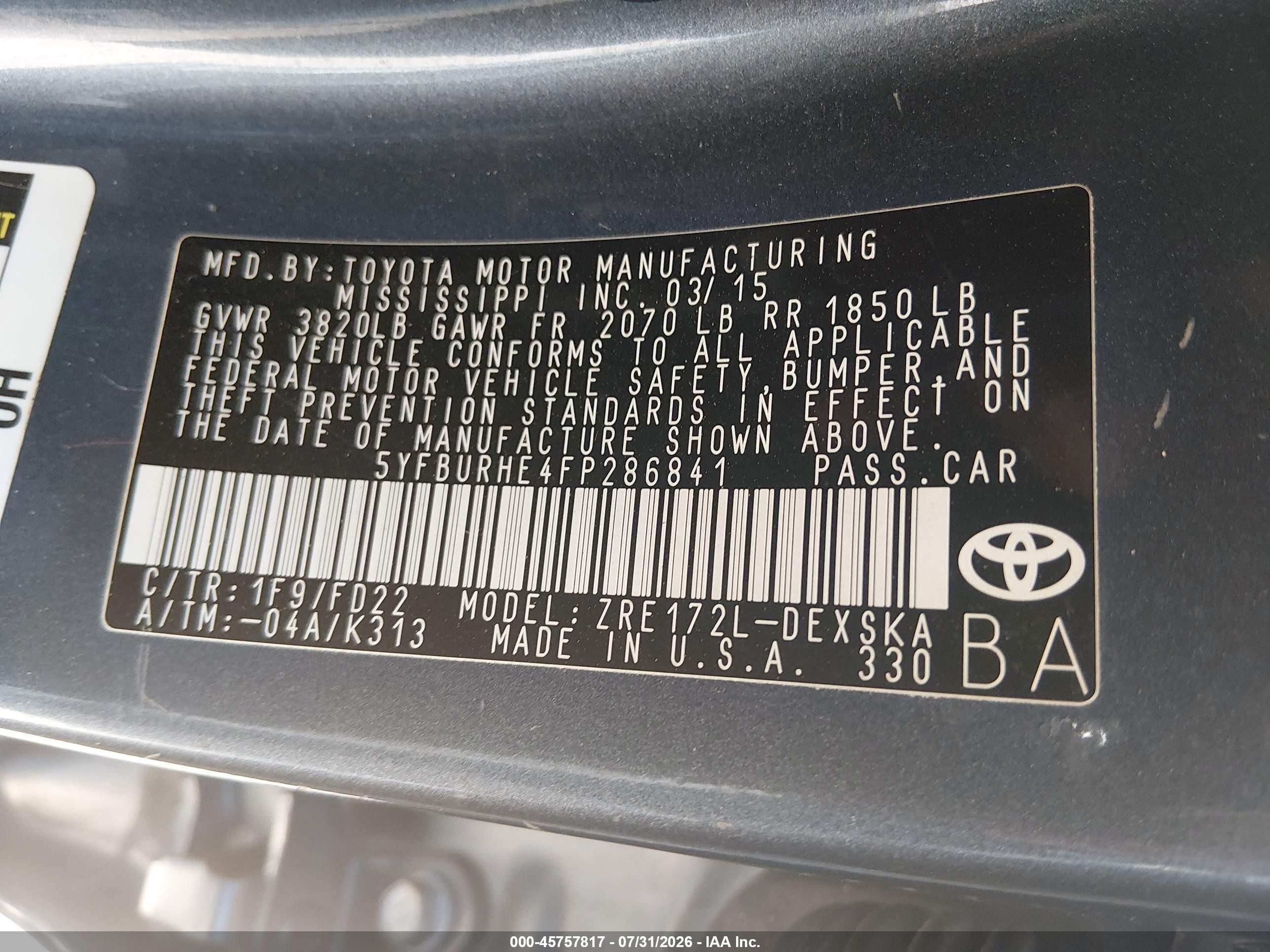 2015 Toyota Corolla S Plus Blue vin: 5YFBURHE4FP286841