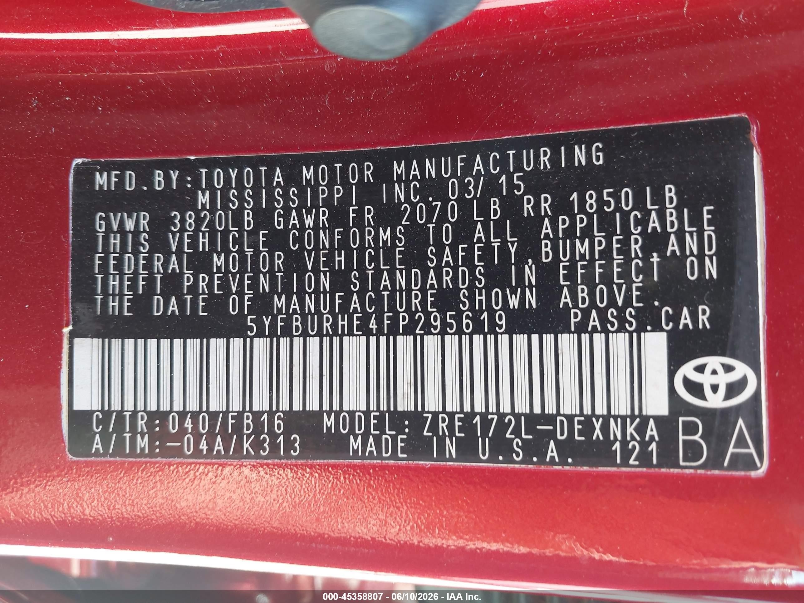 2015 Toyota Corolla Le Red vin: 5YFBURHE4FP295619