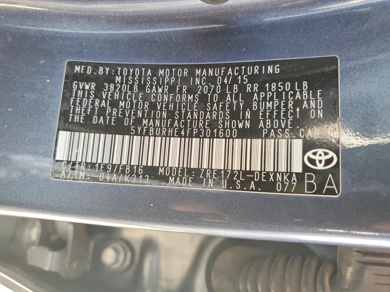 2015 Toyota Corolla Le Teal vin: 5YFBURHE4FP301600