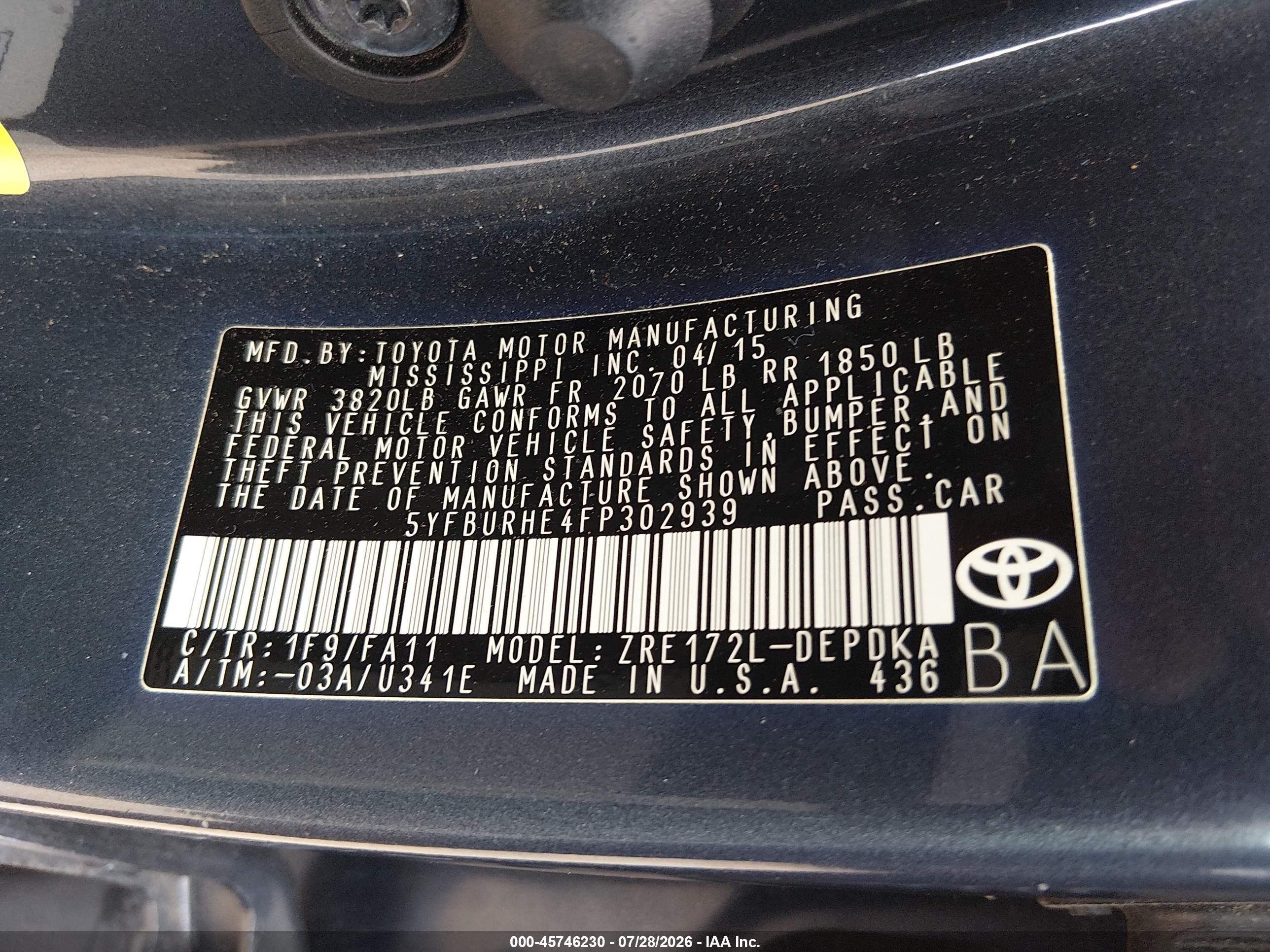 2015 Toyota Corolla L Gray vin: 5YFBURHE4FP302939