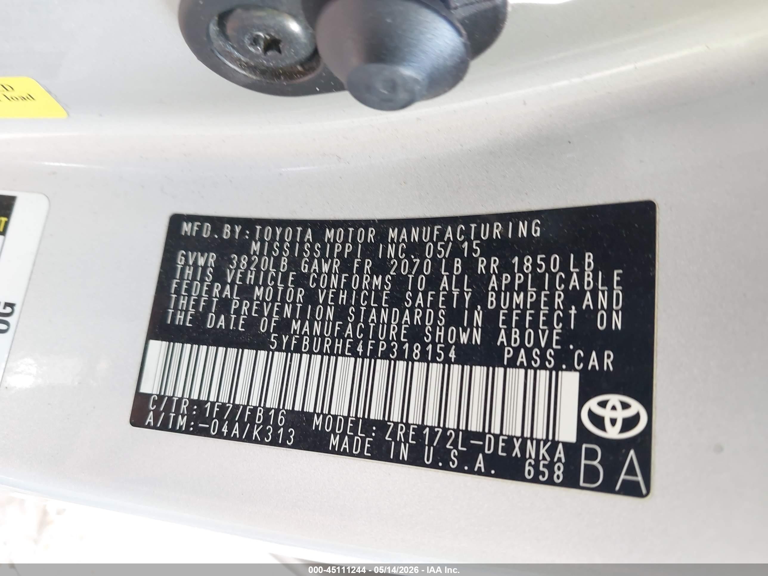 2015 Toyota Corolla Le Silver vin: 5YFBURHE4FP318154